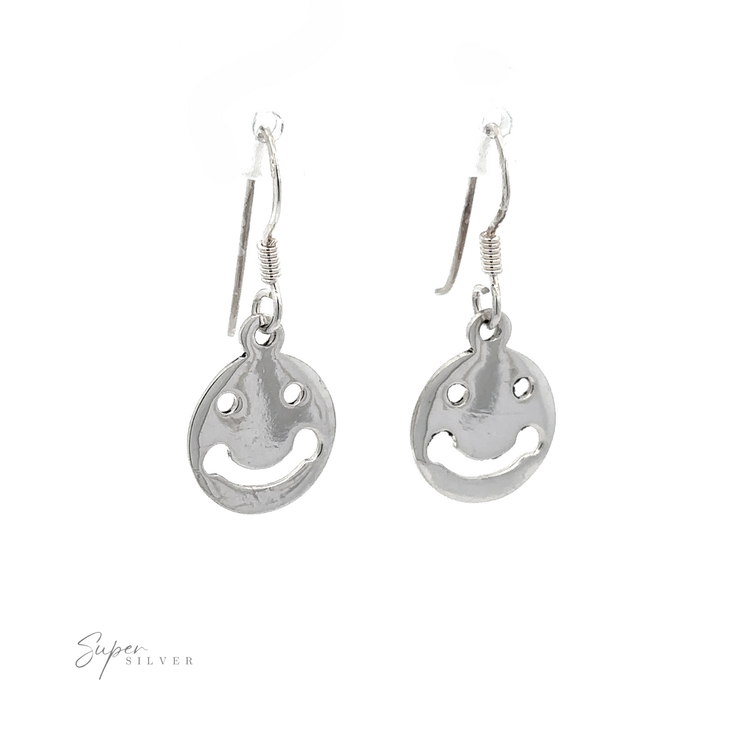 
                  
                    Pair of sterling silver Smiley Face Earrings with hook backings, displayed against a white background.
                  
                