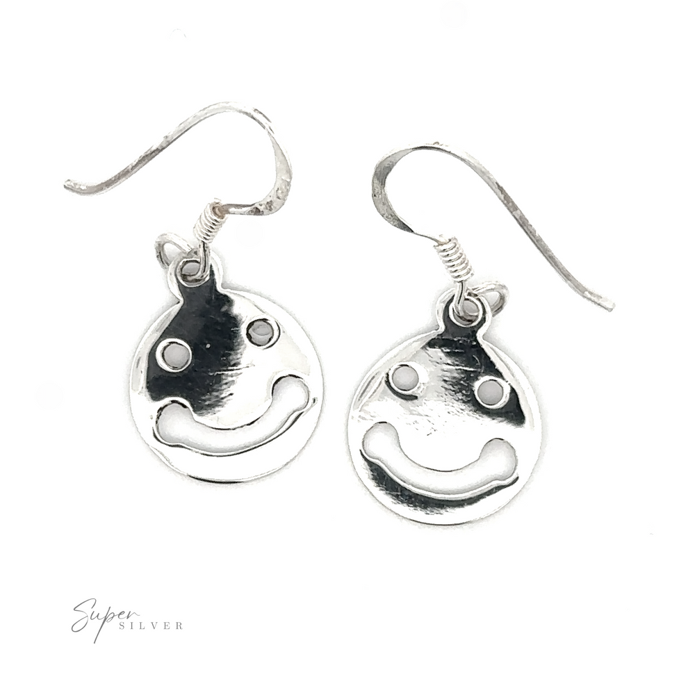 A pair of Smiley Face Earrings with hooks, displayed against a white background.