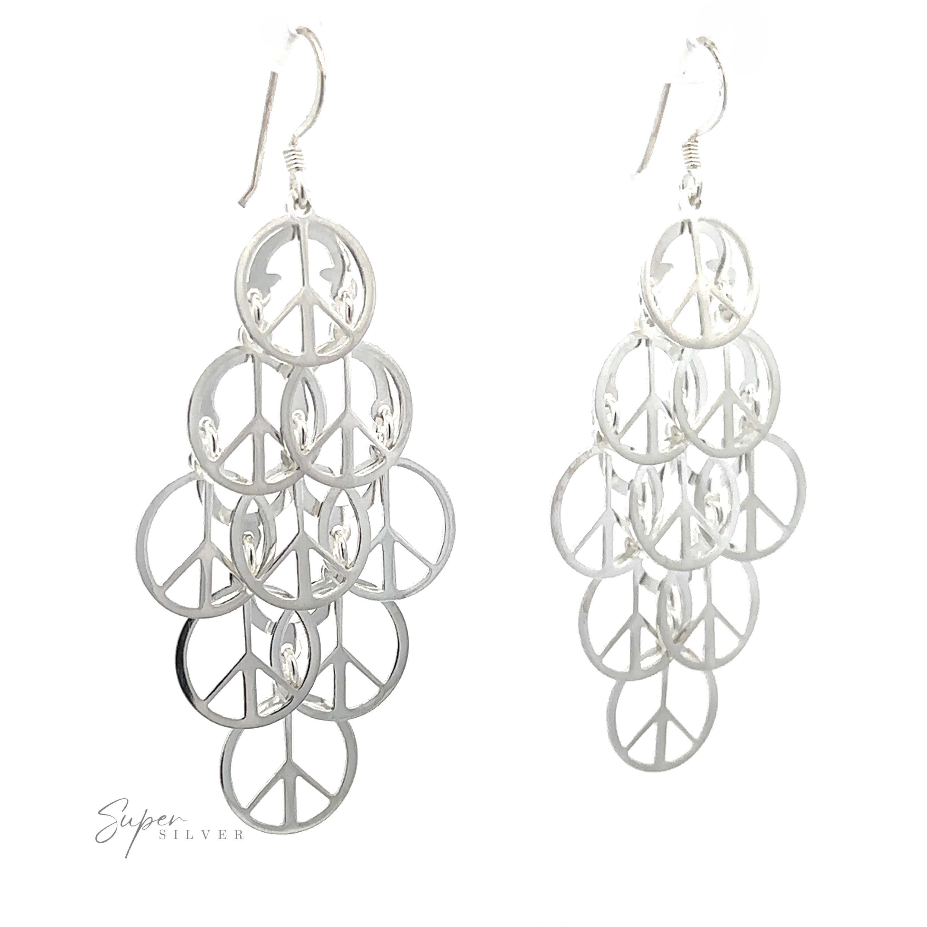 Layered Peace Sign Earrings with multiple overlapping circular designs, suspended from hook-style ear wires, isolated on a white background.