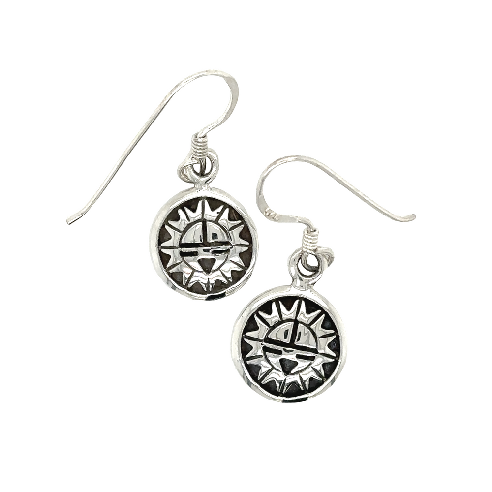These small Super Silver Tribal Sun earrings feature a tribal Aztec sun design that will brighten up any outfit.