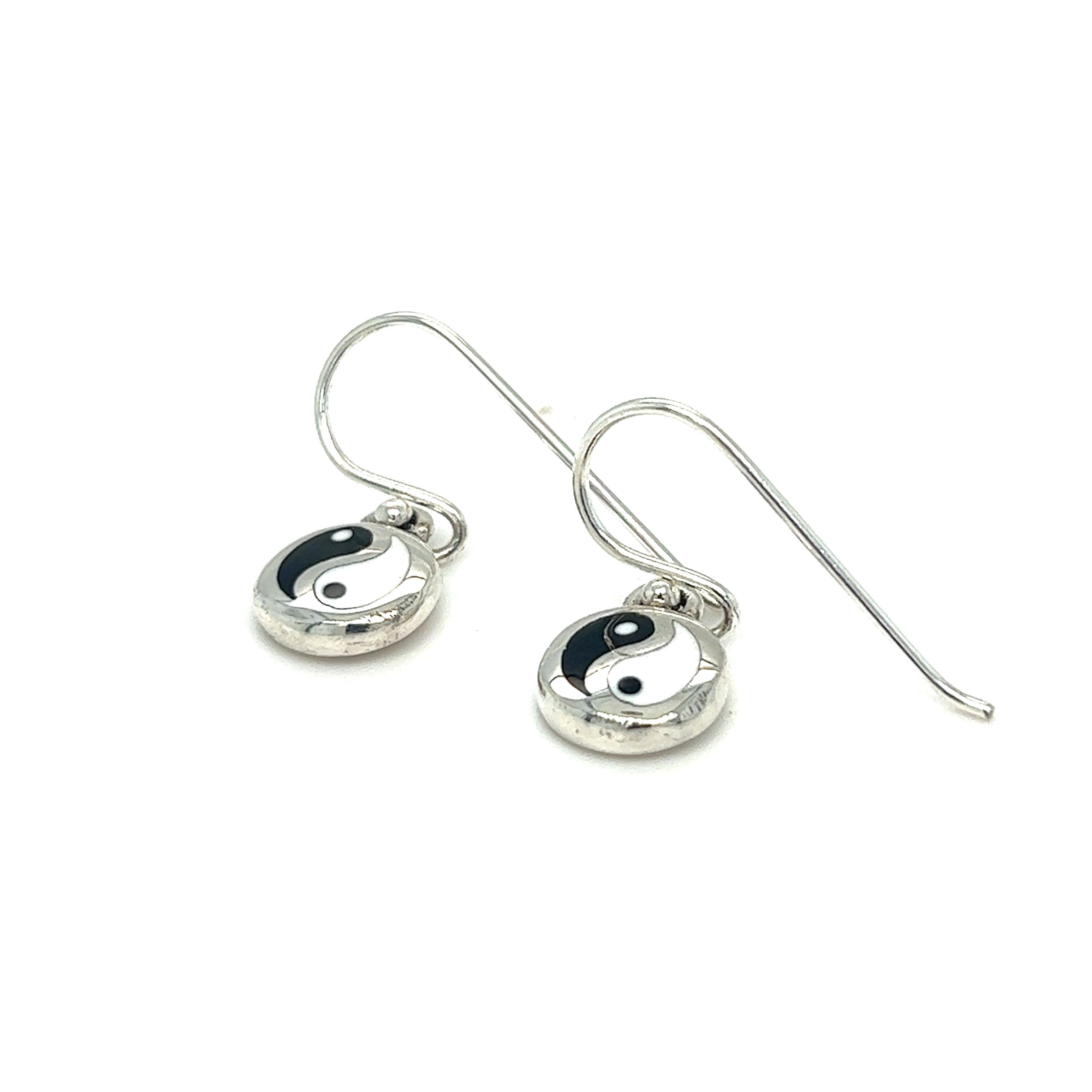 A pair of Round Yin-Yang Dangle Earrings on a white background.