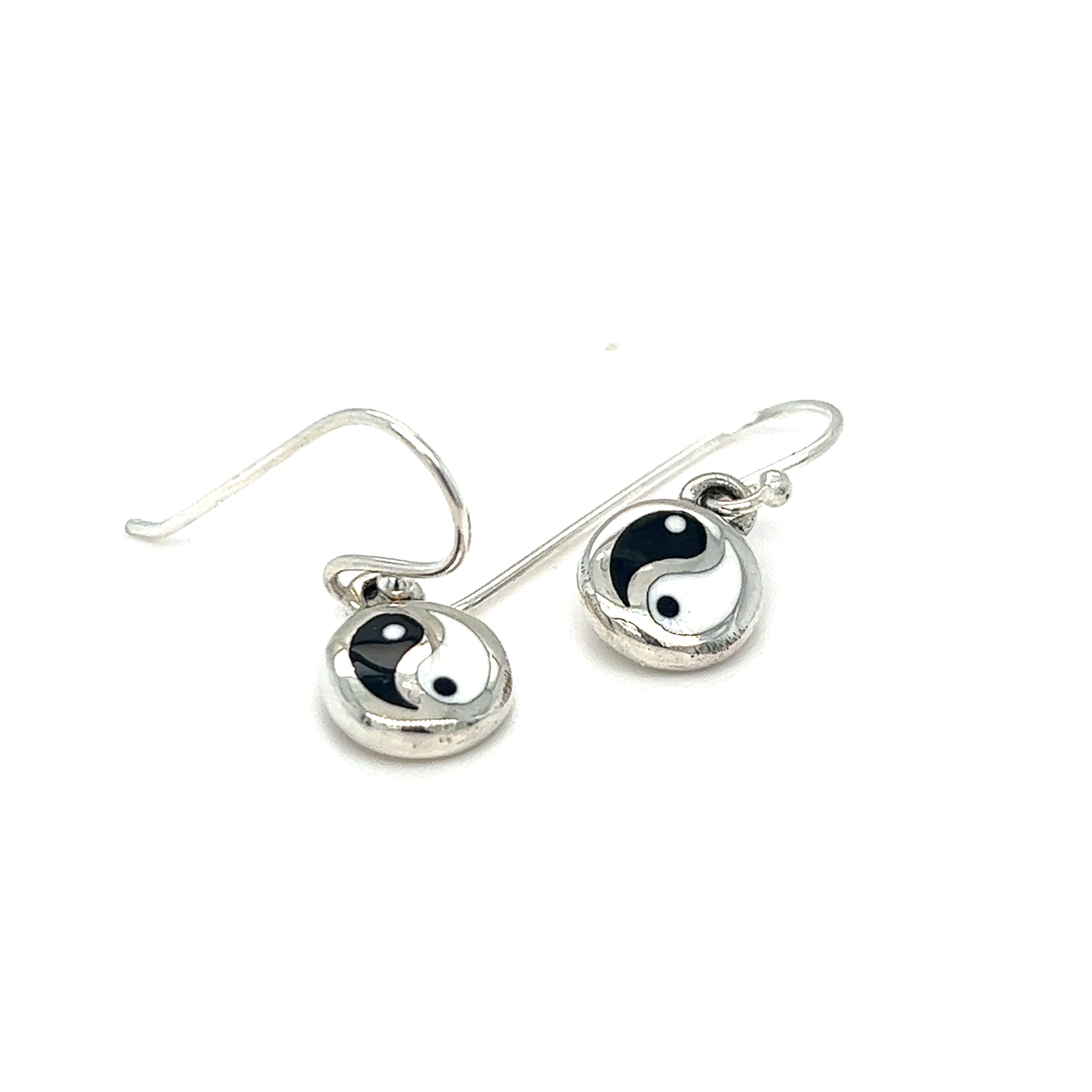 A pair of Round Yin-Yang Dangle Earrings on a white background.