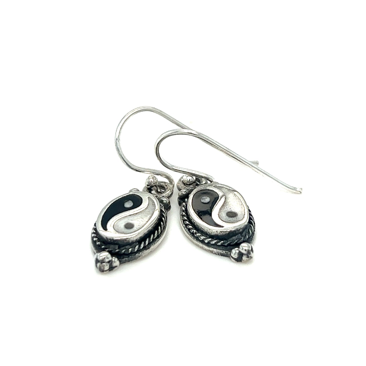 These Yin-Yang Earrings with Rope Border are a perfect representation of balance in a stunning silver design.