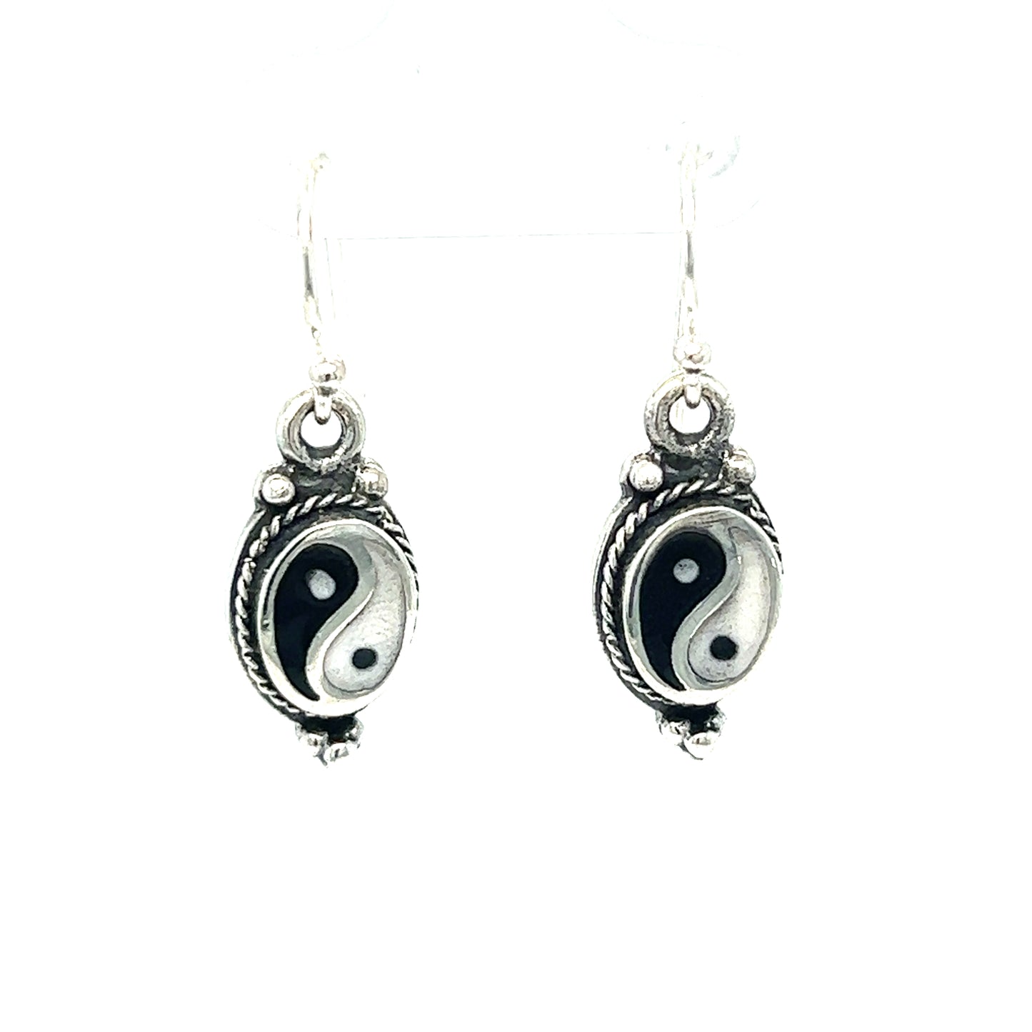 Black and white Yin-Yang earrings with rope border symbolizing balance.