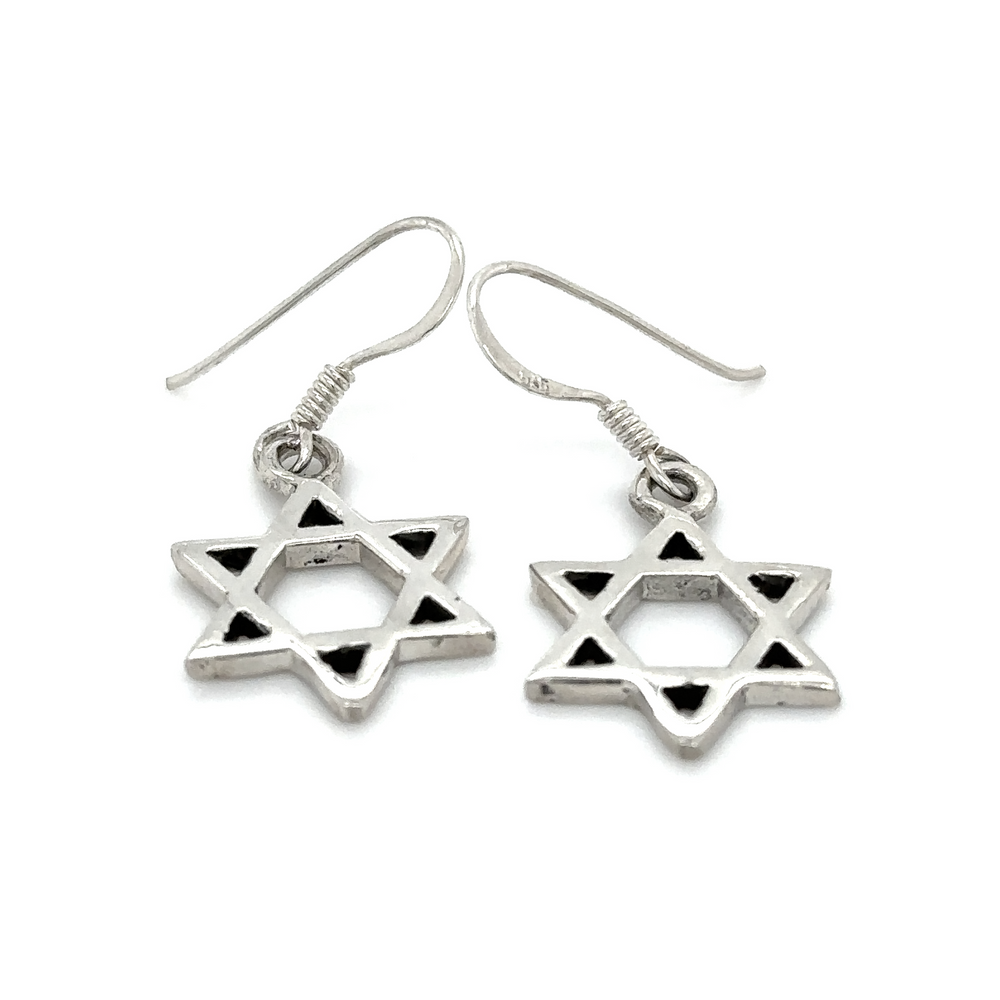 
                  
                    A pair of Super Silver Star of David earrings with hooks.
                  
                