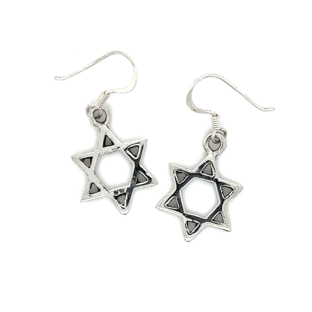 
                  
                    A pair of Super Silver Star of David earrings with hook.
                  
                