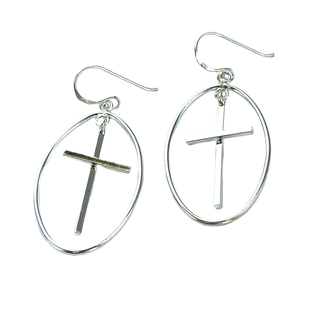A pair of Super Silver Modern Cross Earrings with a .925 Silver finish on a white background.