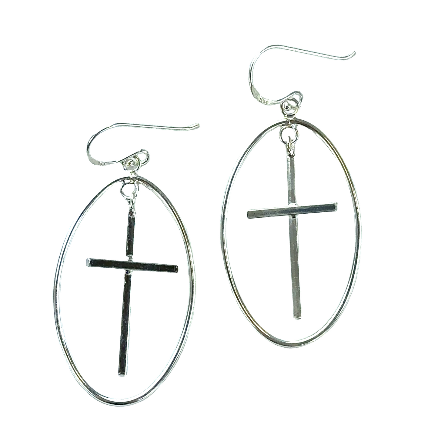 Super Silver's Modern Cross Earrings with a .925 Silver finish, showcased on a white background.