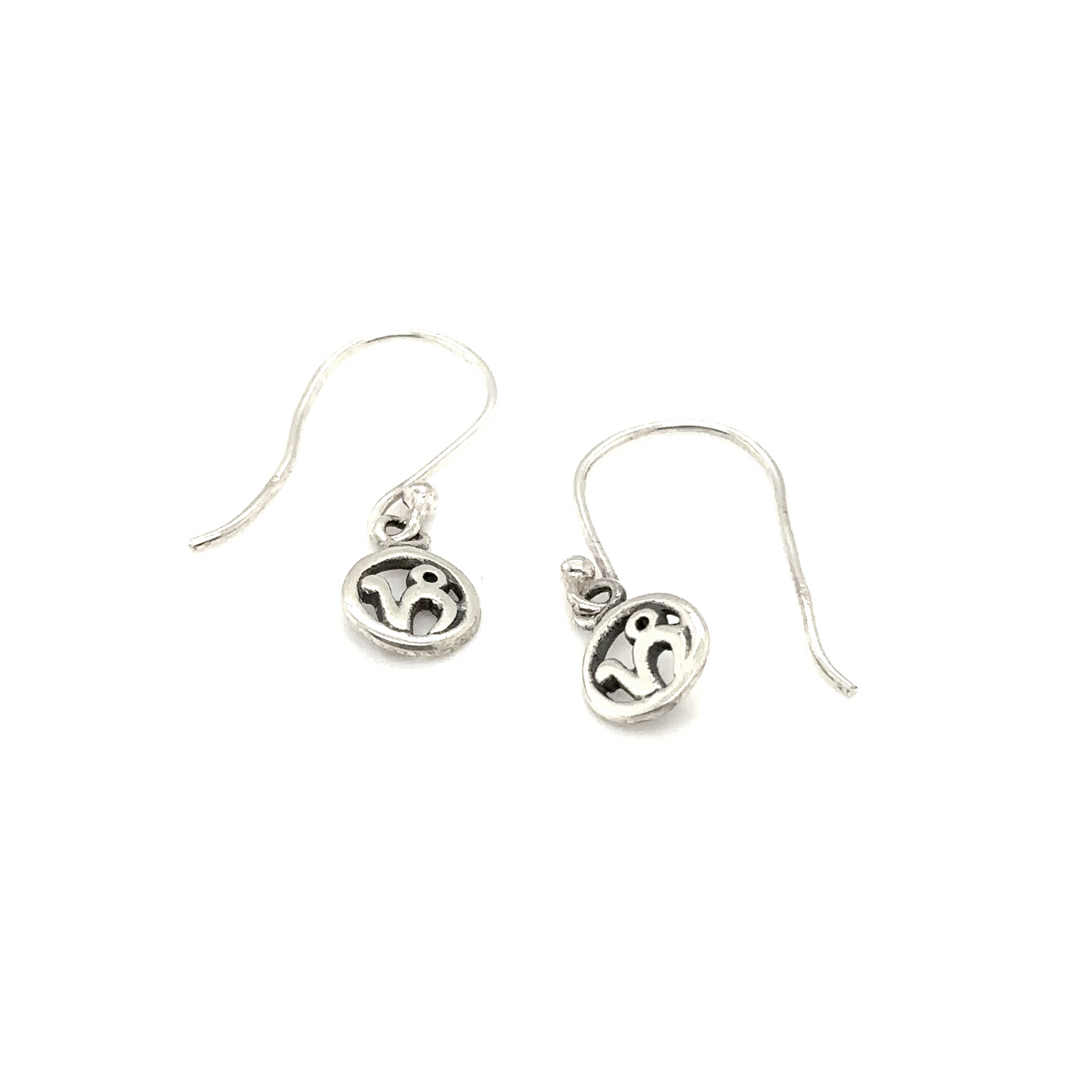 Super Silver Capricorn Zodiac Earrings with an om symbol on them.