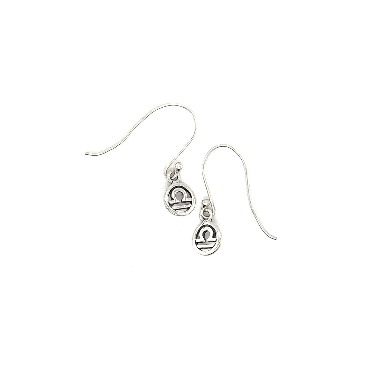 A pair of Super Silver Libra Zodiac Earrings, with a small circle, inspired by the Libra zodiac symbol.