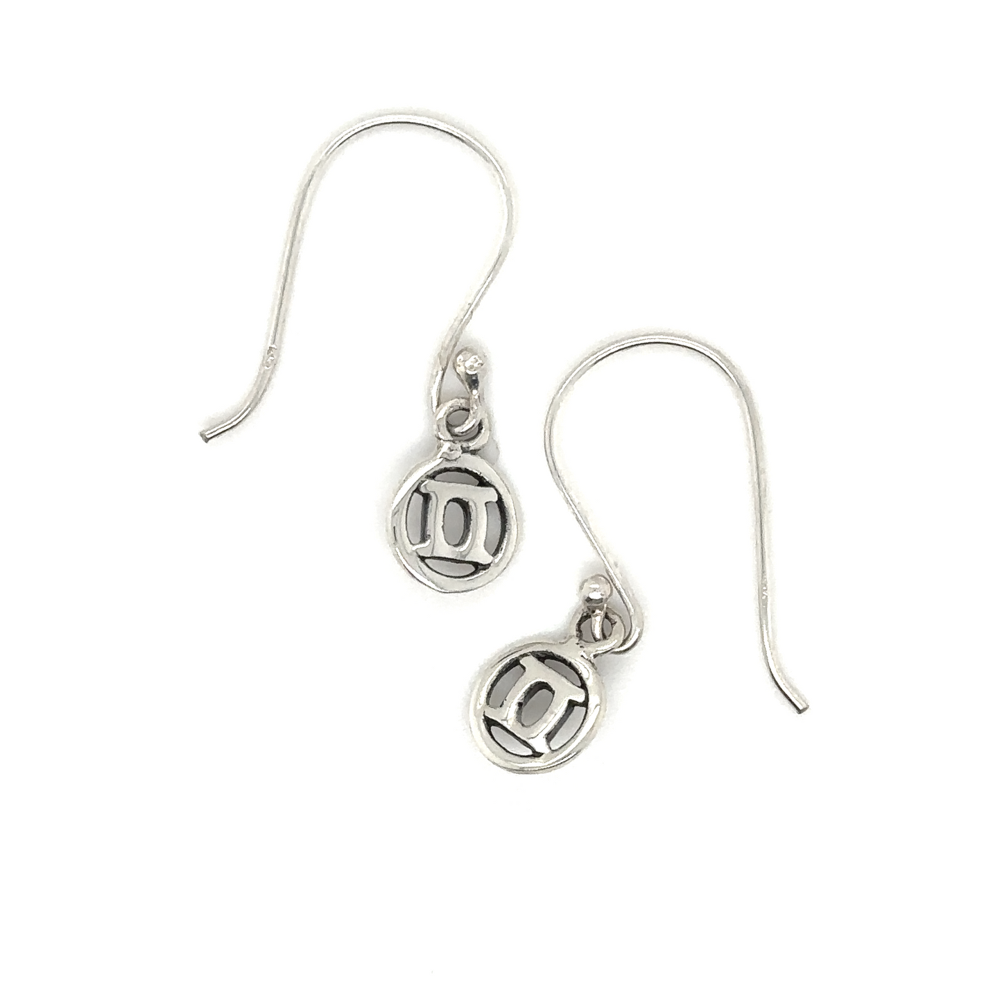 A pair of Super Silver Gemini Zodiac Earrings.