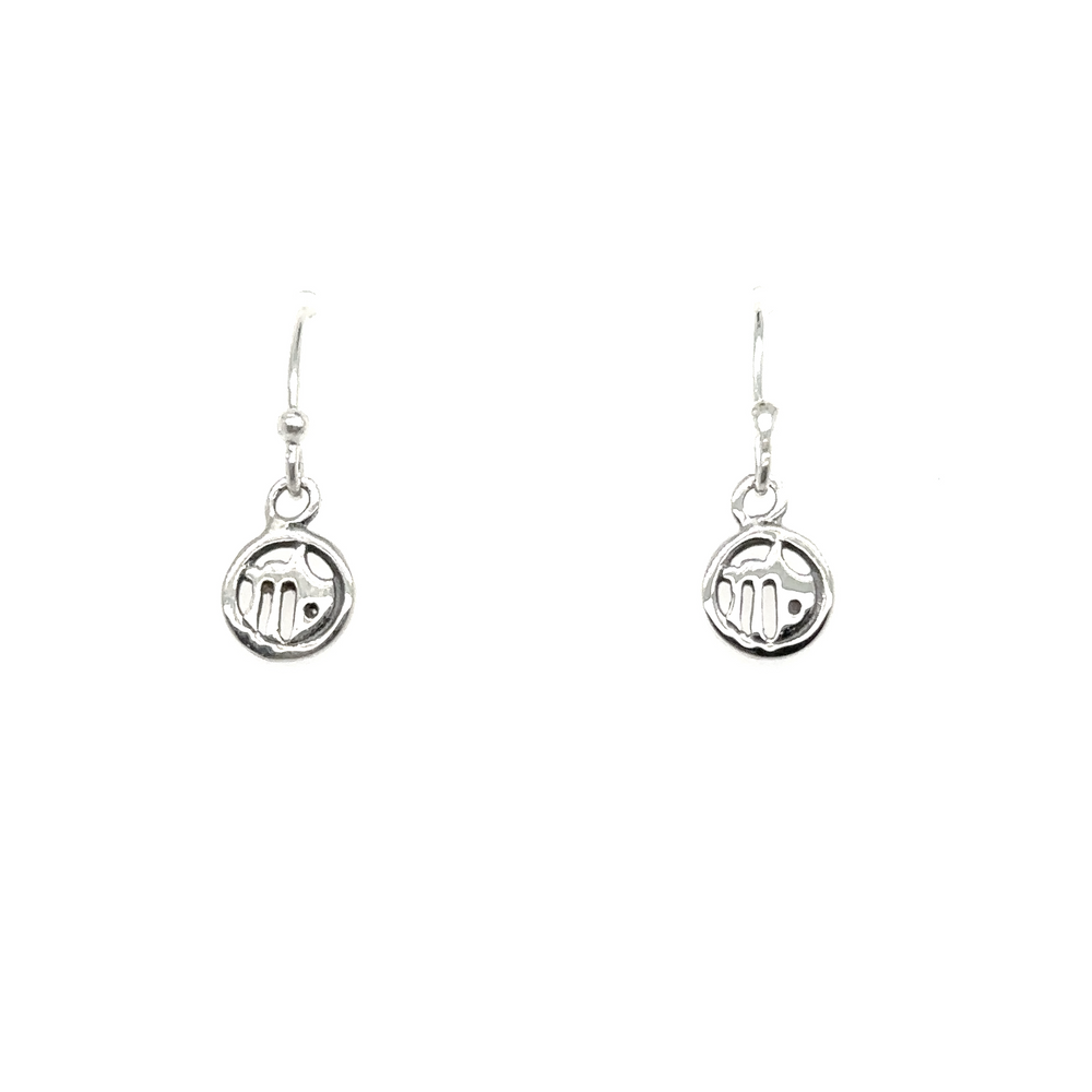 
                  
                    A pair of Super Silver Virgo Zodiac Earrings with a circle on them, made of sterling silver.
                  
                