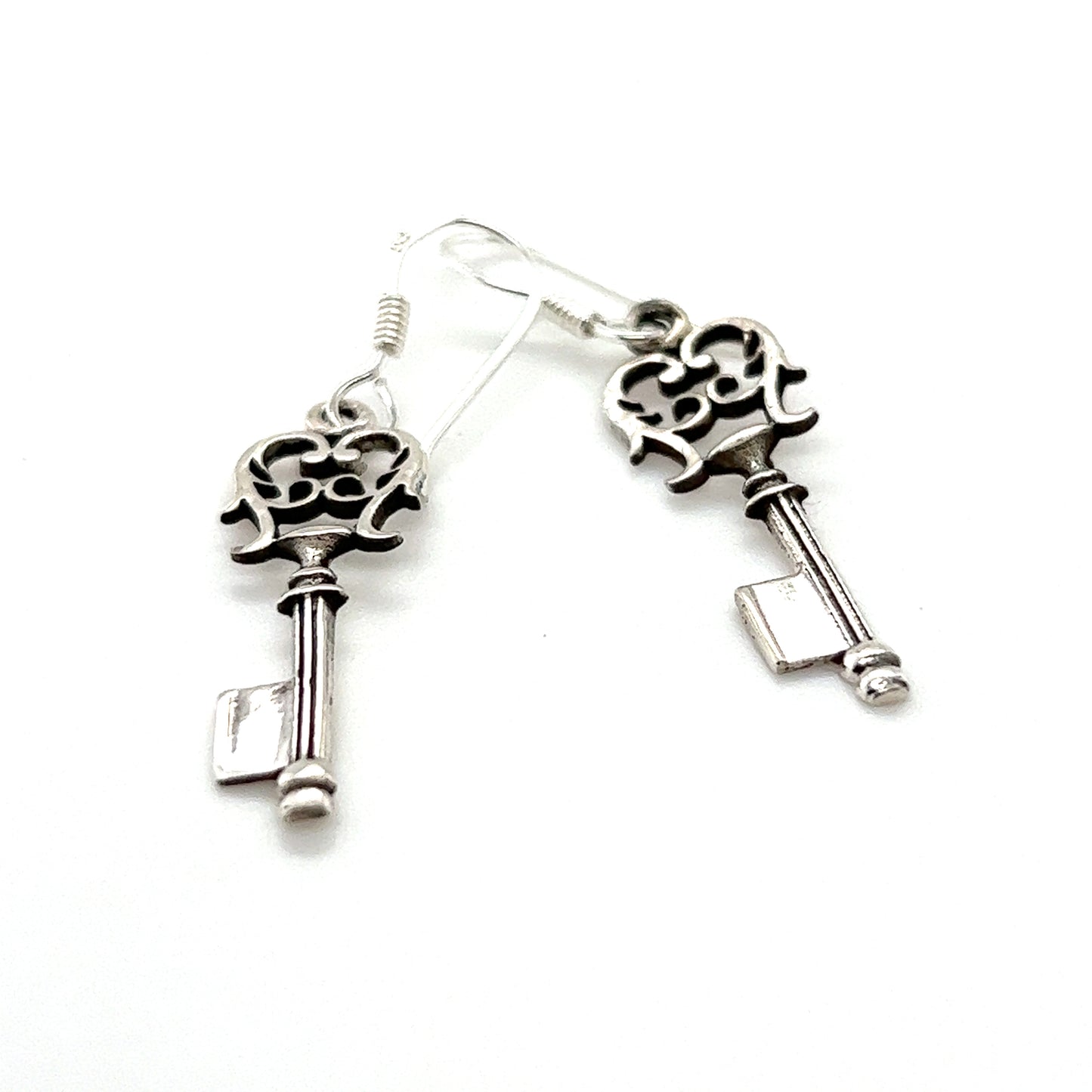 Unique Super Silver Skeleton Key Earrings on a white background.
