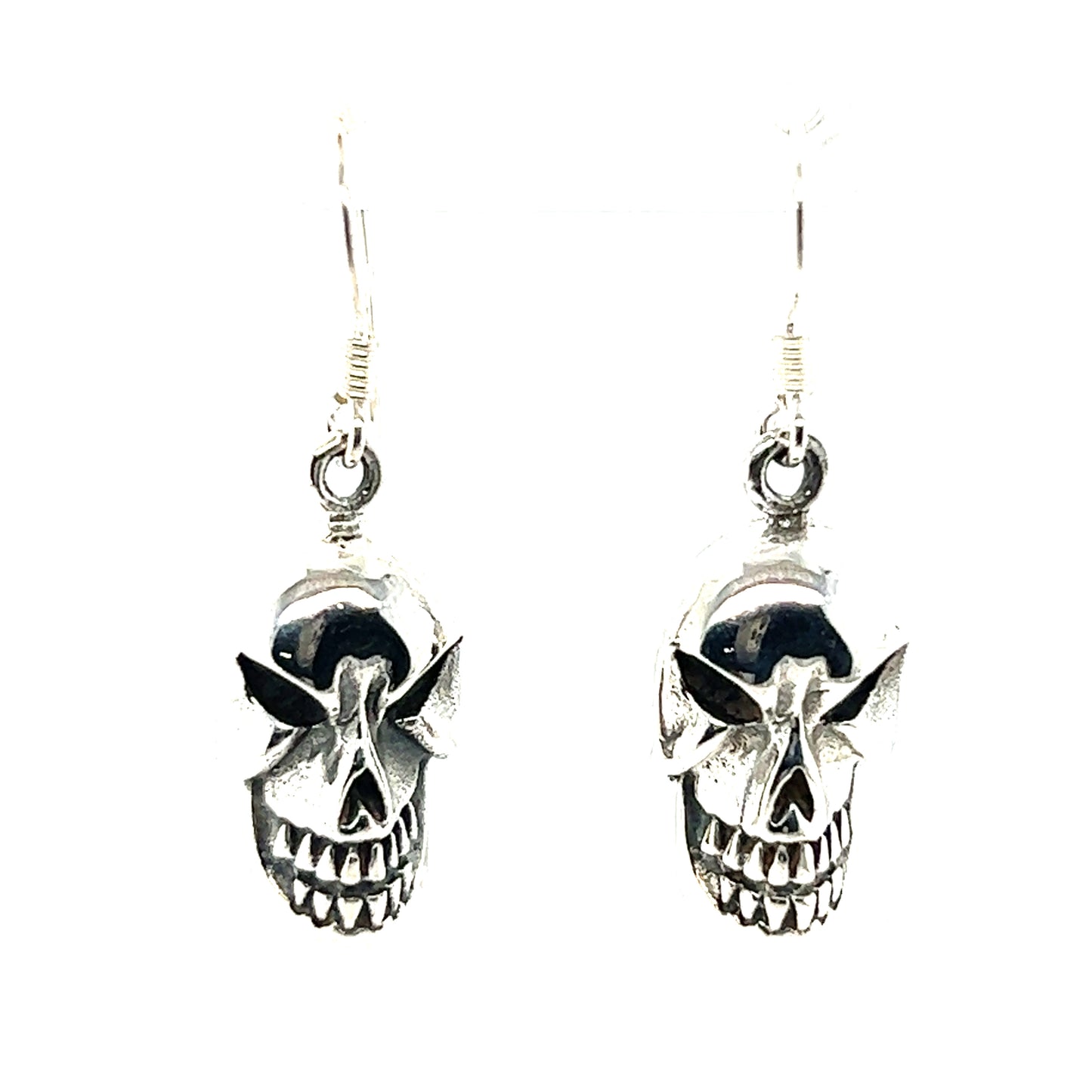 
                  
                    A pair of Super Silver skull earrings on a white background.
                  
                