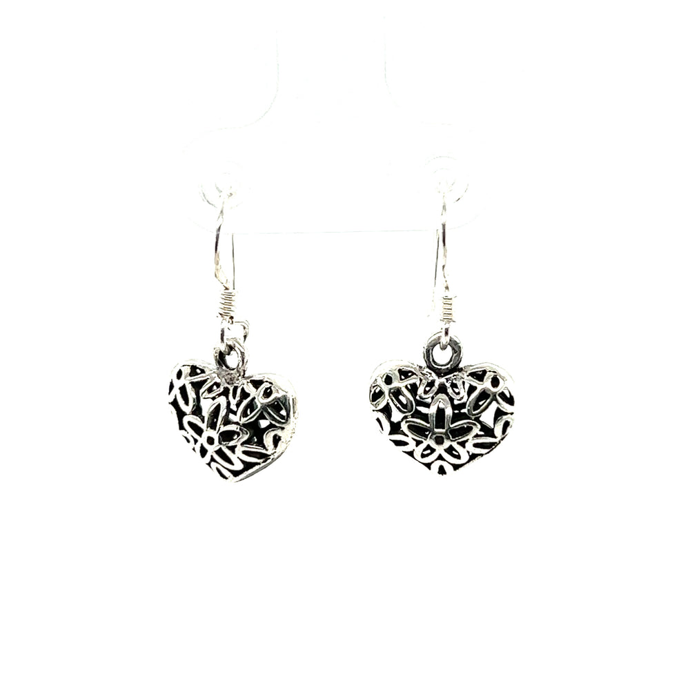 A pair of Floral Open Heart Earrings by Super Silver with a vintage-inspired design on a white background.