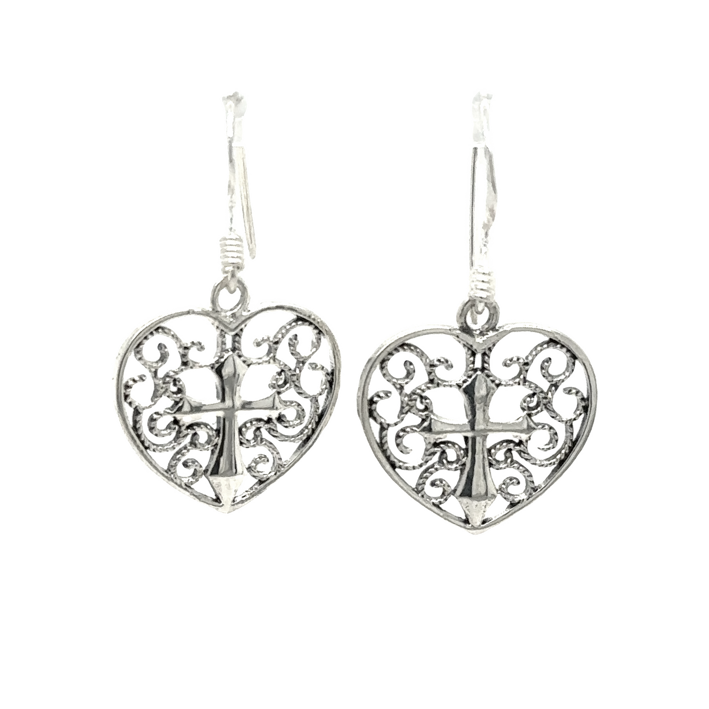 
                  
                    A pair of Filigree Heart with Cross Earrings, crafted from sterling silver, by Super Silver.
                  
                