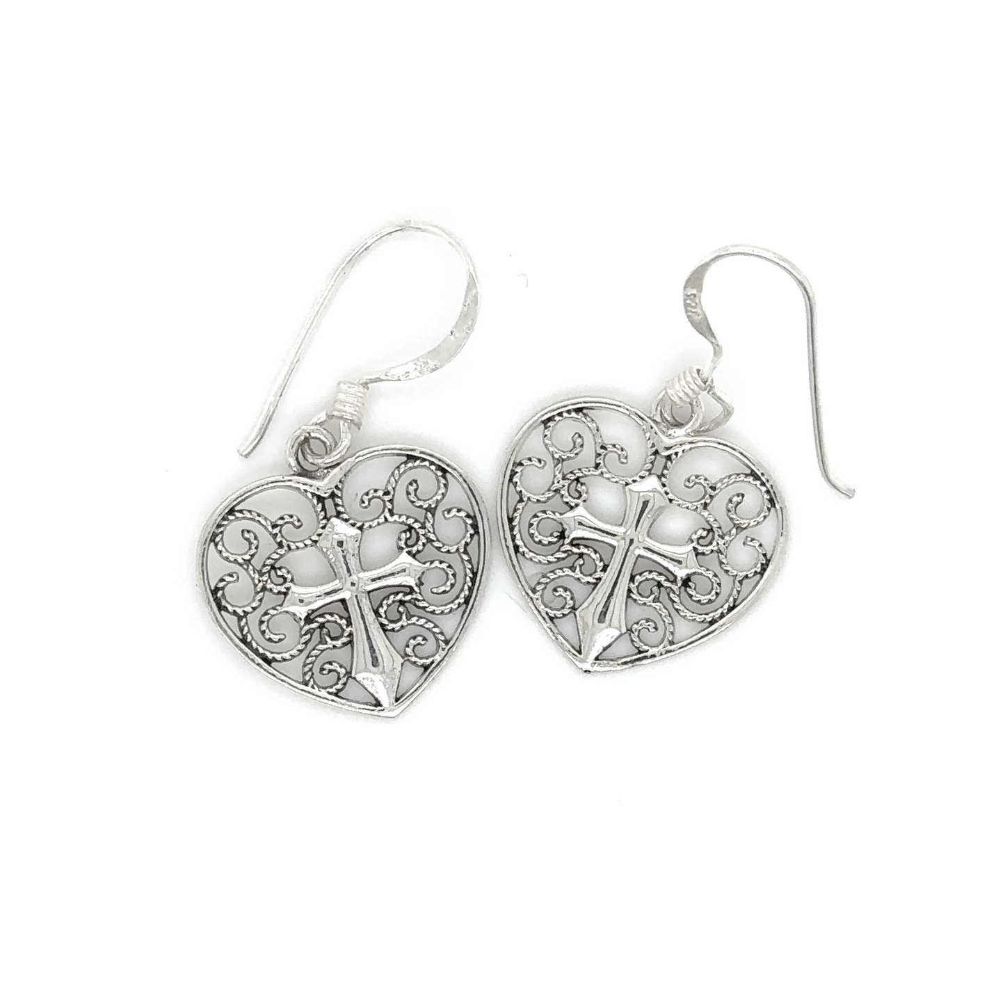 
                  
                    A pair of Super Silver Filigree Heart with Cross Earrings, featuring an Open Filigree Heart design.
                  
                