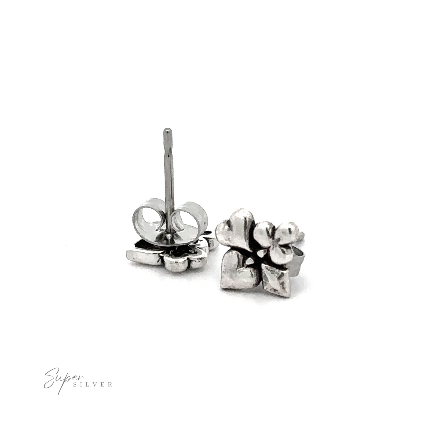 A pair of Deck of Card Suits Studs on a white background, perfect for poker lovers.