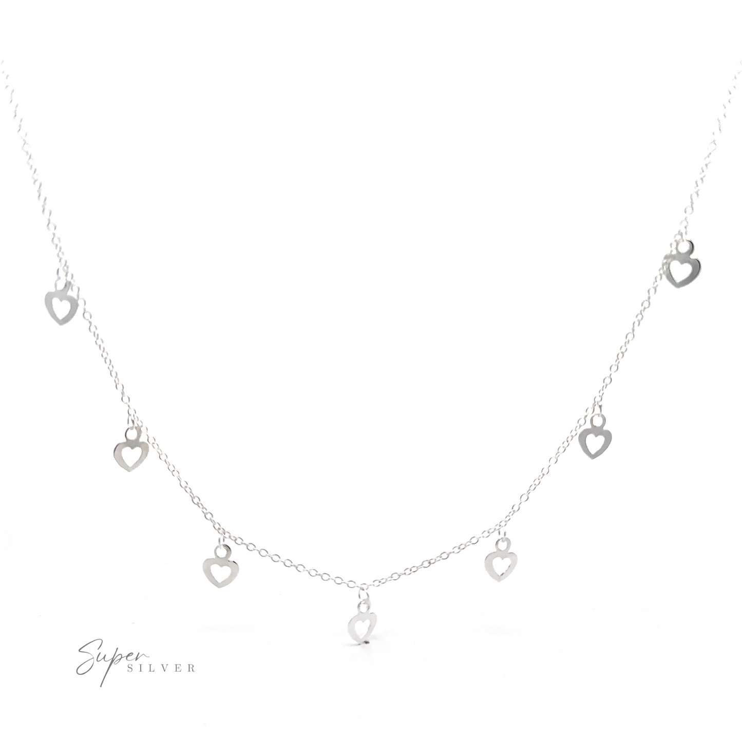 
                  
                    A delicate Silver Open Heart Charm Necklace features small open heart charms evenly spaced along the chain, set against a white background with the "Super Silver" logo in the bottom left corner.
                  
                