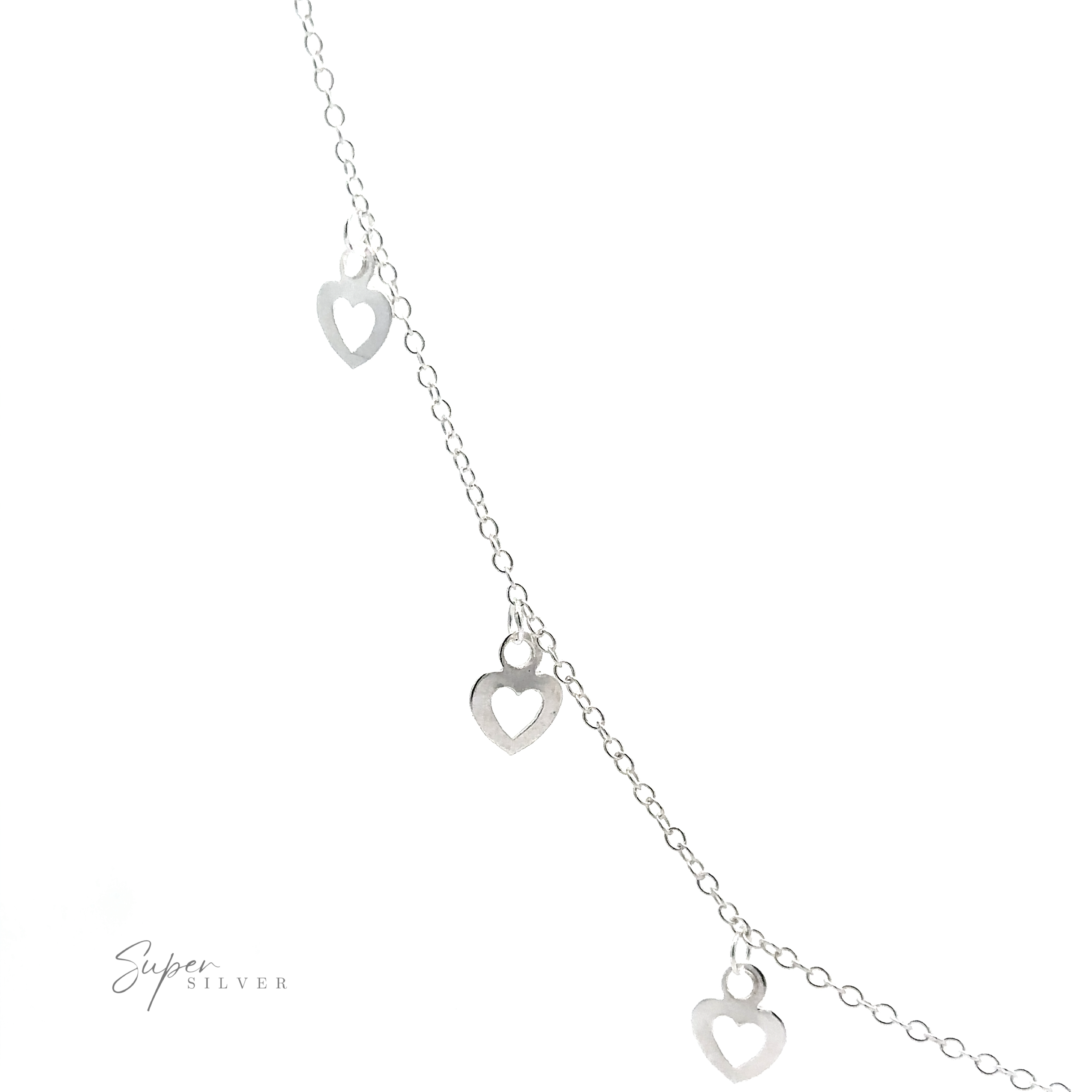A delicate Silver Open Heart Charm Necklace featuring small open heart charms hanging from it. The name "Super Silver" is faintly visible in the bottom left corner.