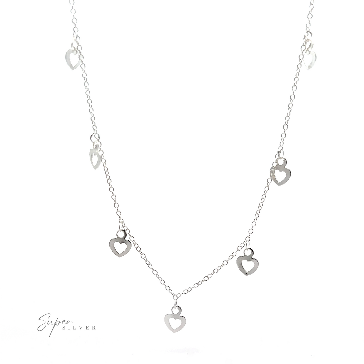 
                  
                    A Silver Open Heart Charm Necklace with small open heart charms evenly spaced along the chain.
                  
                