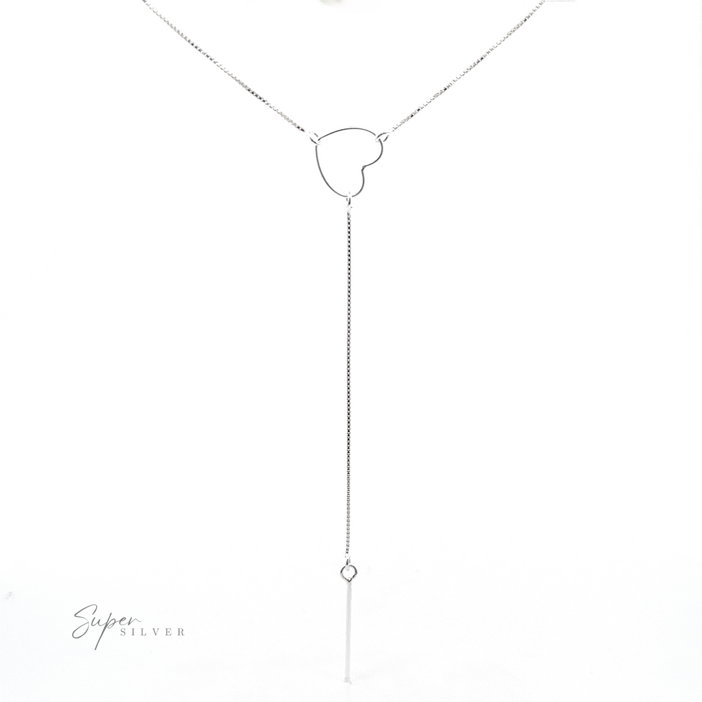 Open Heart Lariat Necklace featuring an open heart design and a vertical bar pendant. Text "Super Silver" is present at the bottom left corner, emphasizing this dainty sterling silver necklace.