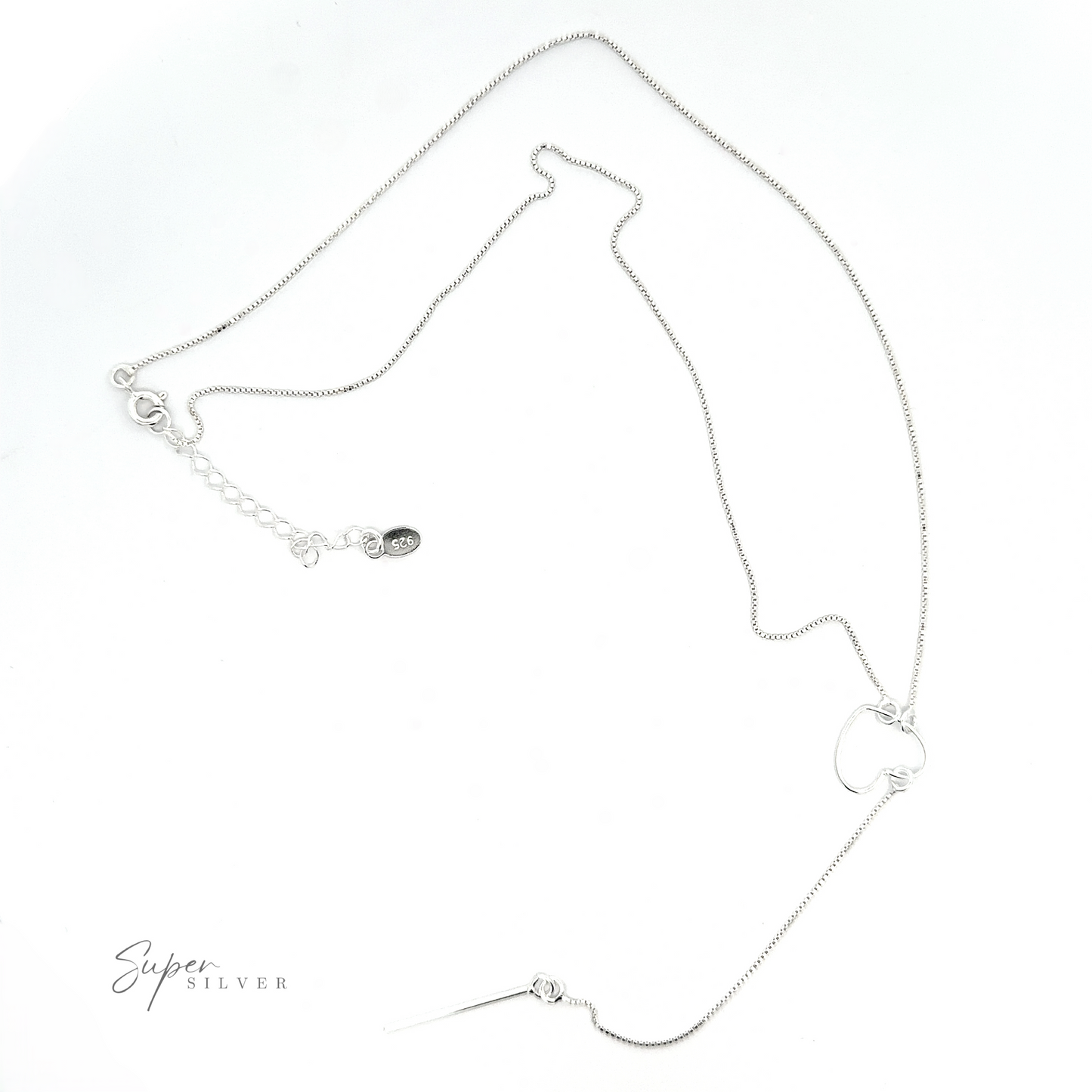 
                  
                    A sterling silver necklace with a thin chain, small pendant, and adjustable clasp is displayed on a white background. The Open Heart Lariat Necklace also features a small branded tag that reads "Super Silver.
                  
                