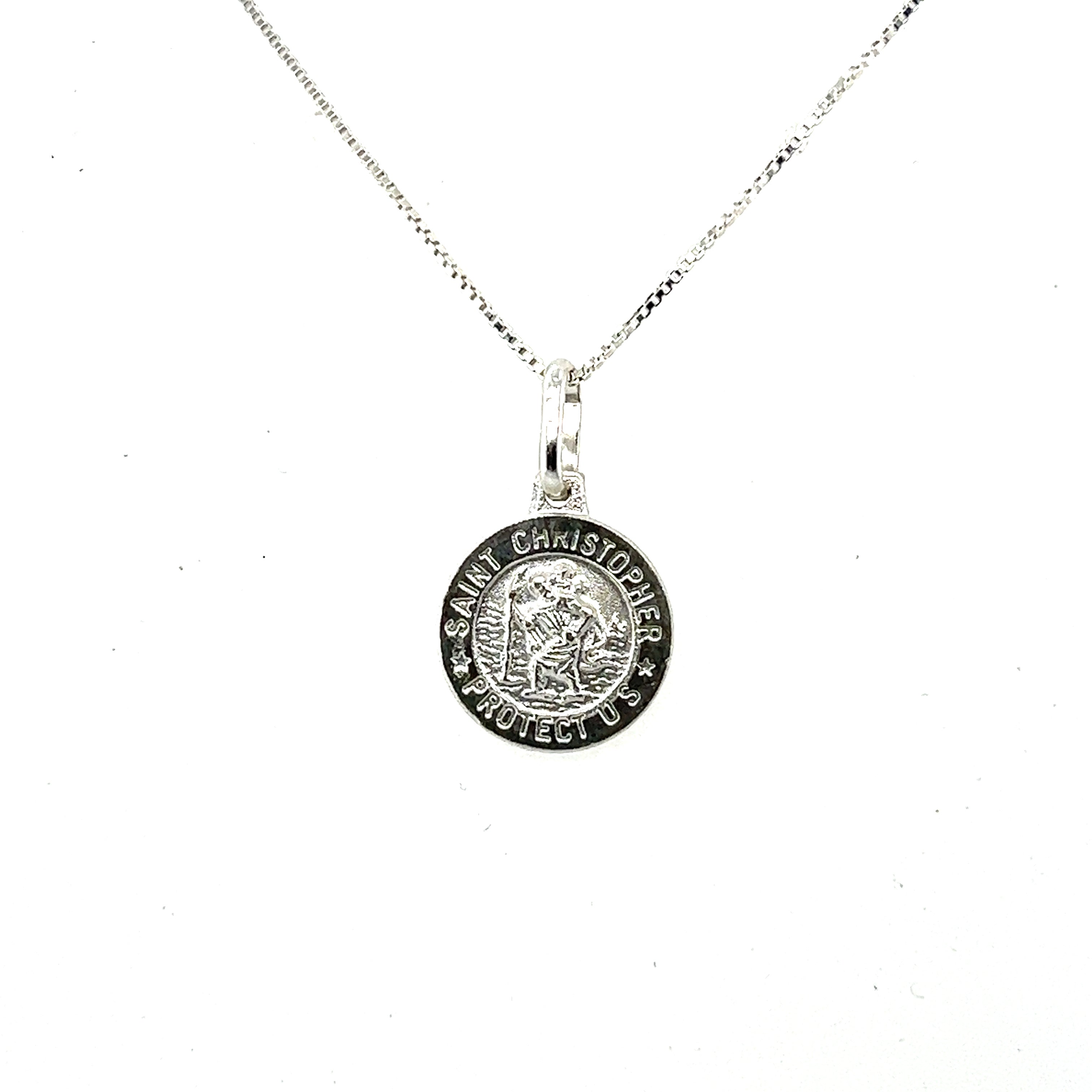 A Super Silver necklace with a small Saint Christopher Medallion In Various Sizes, featuring Saint Christopher, the patron saint of travelers.