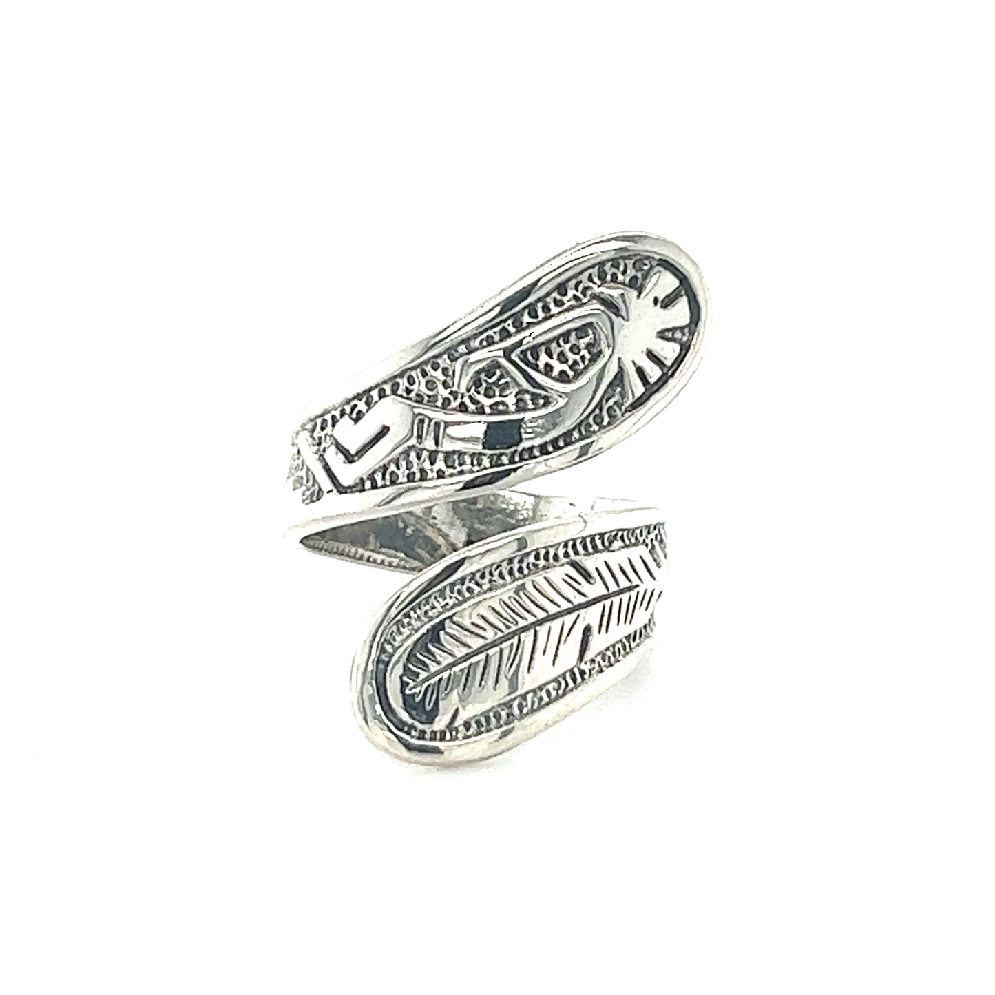 
                  
                    An adjustable Super Silver Kokopelli and Feather Wrap Ring featuring a Southwest design.
                  
                