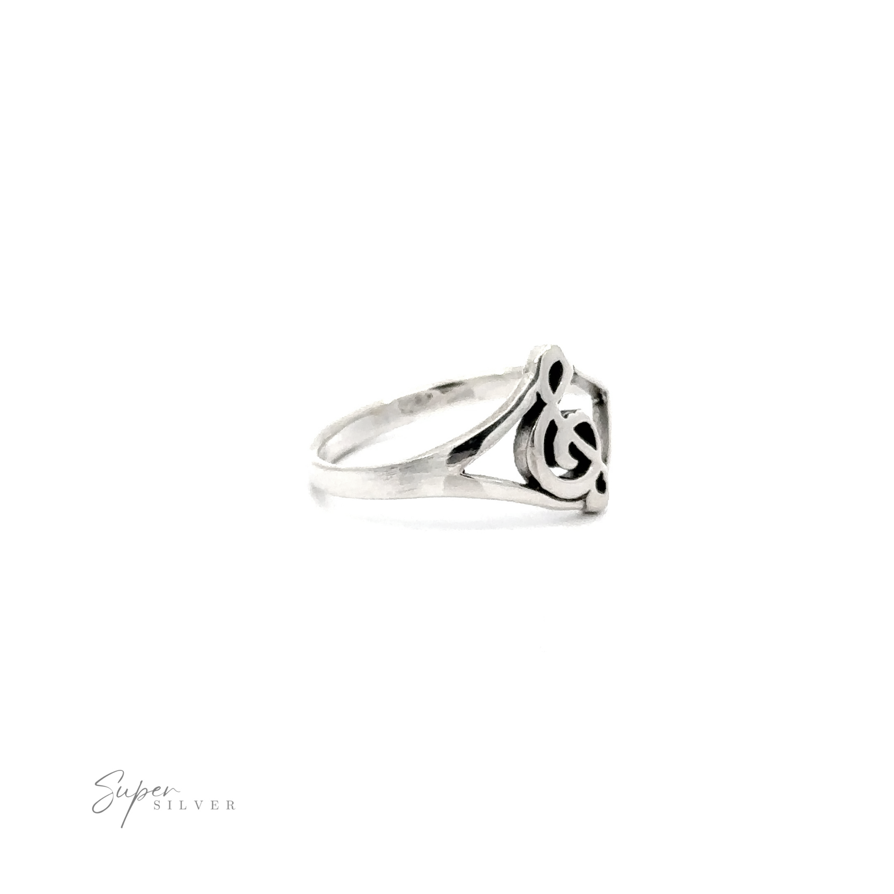 A Treble Clef Split Shank Ring, made of .925 Sterling Silver with a musical note design, perfect for the musical person who appreciates elegant jewelry.