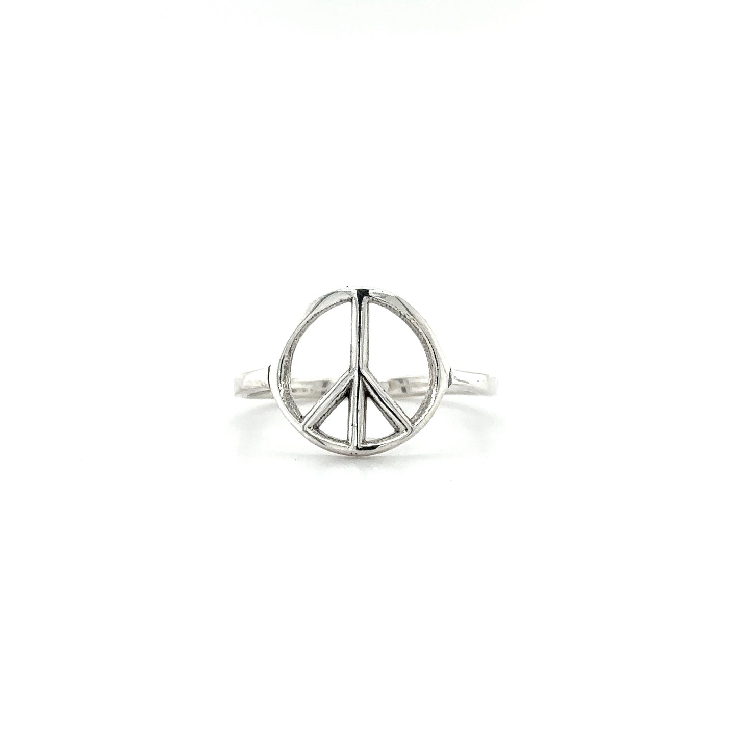 
                  
                    A Super Silver Simple Peace Sign ring on a carefree spirit background.
                  
                