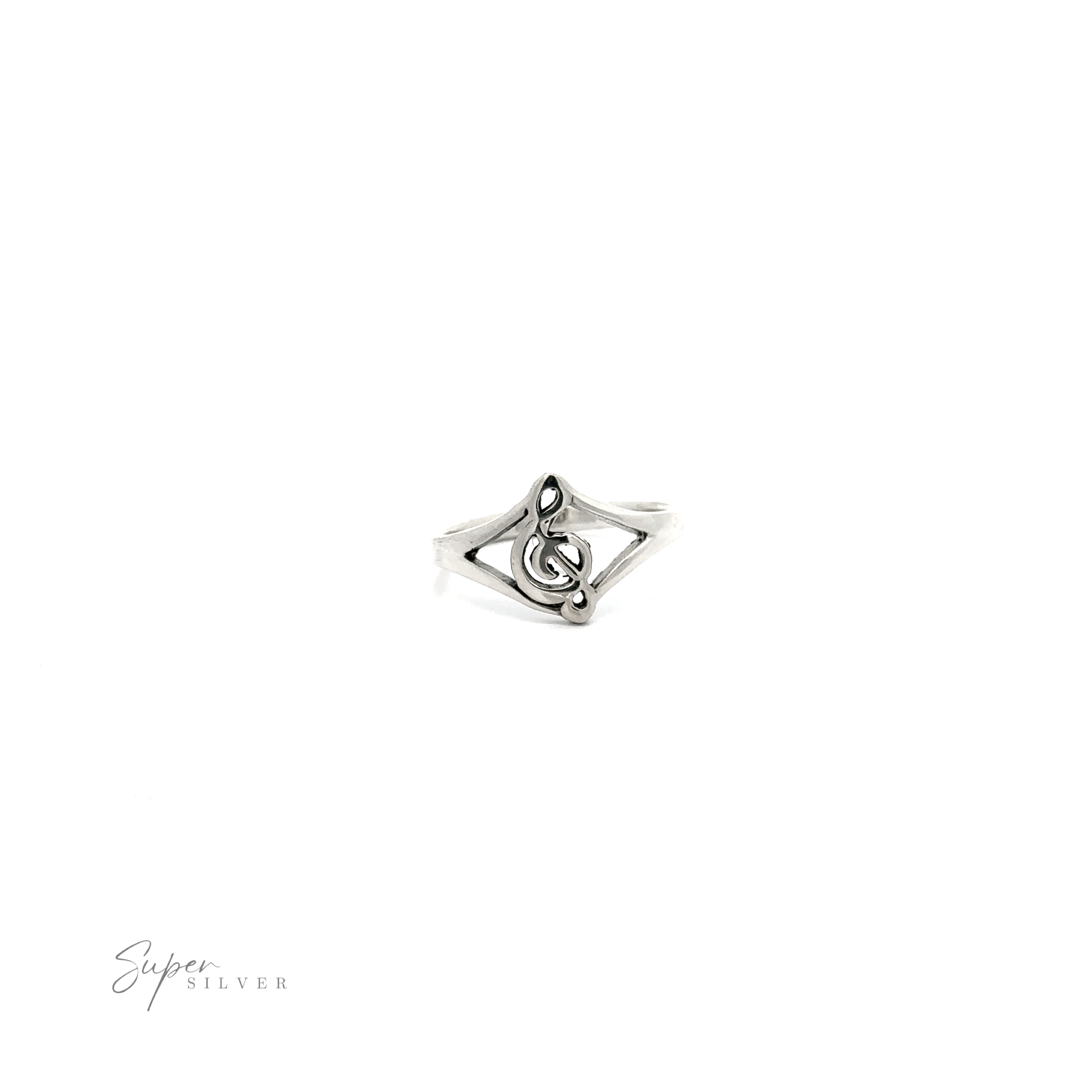 A Treble Clef Split Shank Ring with a diamond in the middle, perfect for a musical person who loves treble clef symbols.