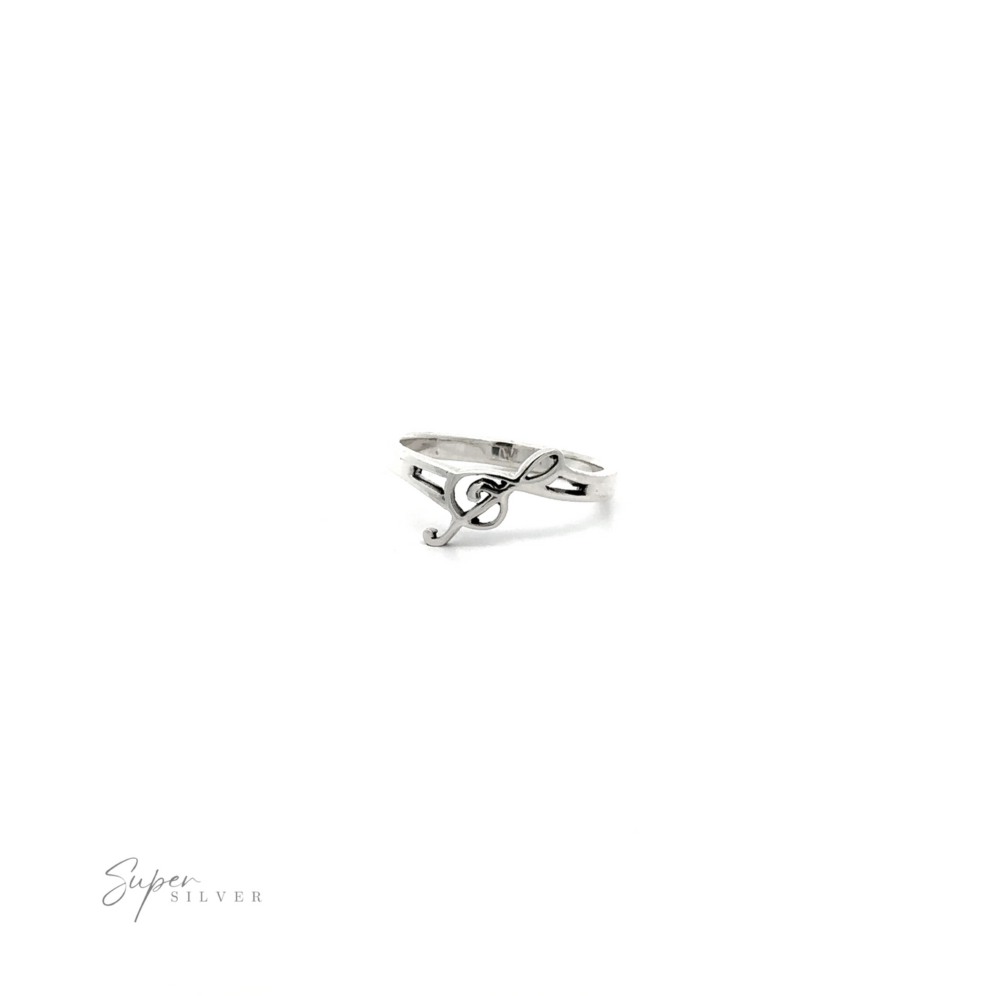 
                  
                    A silver Slanted Treble Clef Ring with a small bird on a split shank band.
                  
                