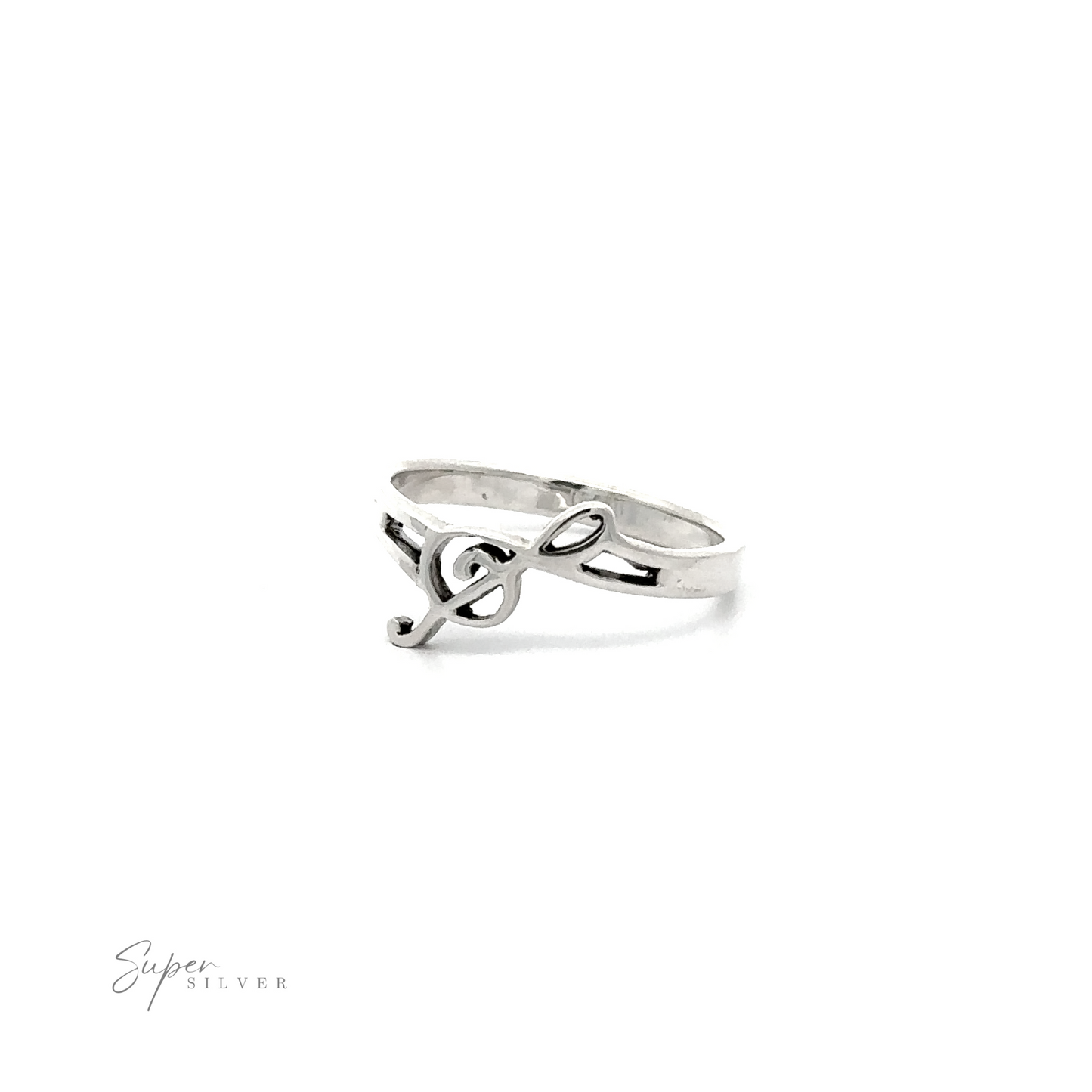 
                  
                    A sterling silver ring with a slanted treble clef in the shape of a treble clef.
                  
                