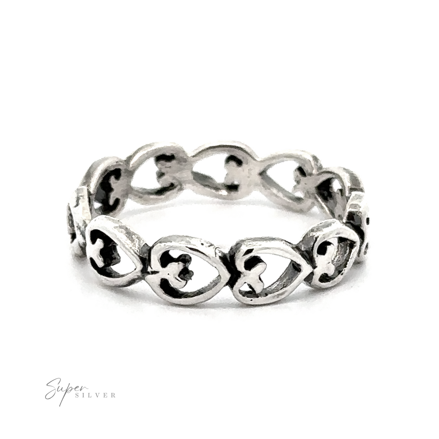 Horizontal Hearts Band ring featuring a linked heart design on a white background.
