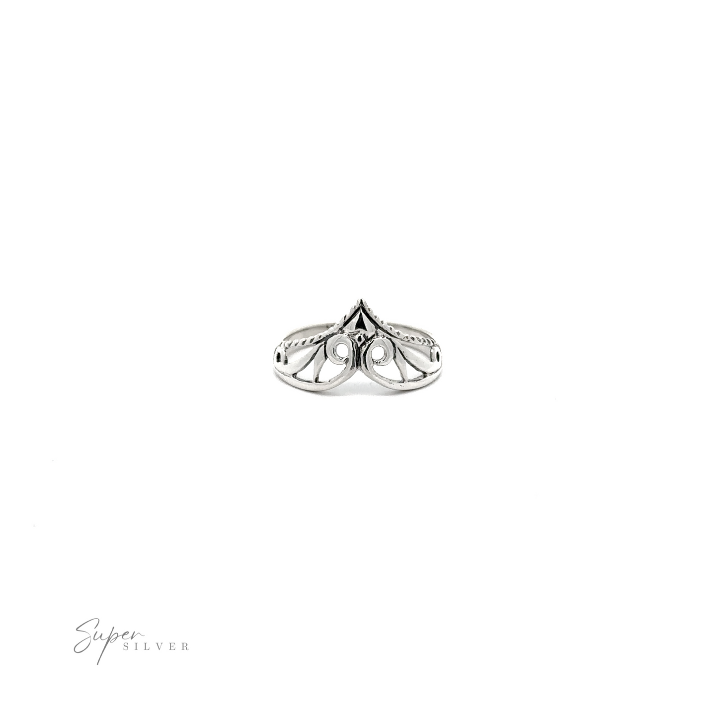 
                  
                    A Chevron Tiara Ring With Cutout Design with a diamond in the middle.
                  
                