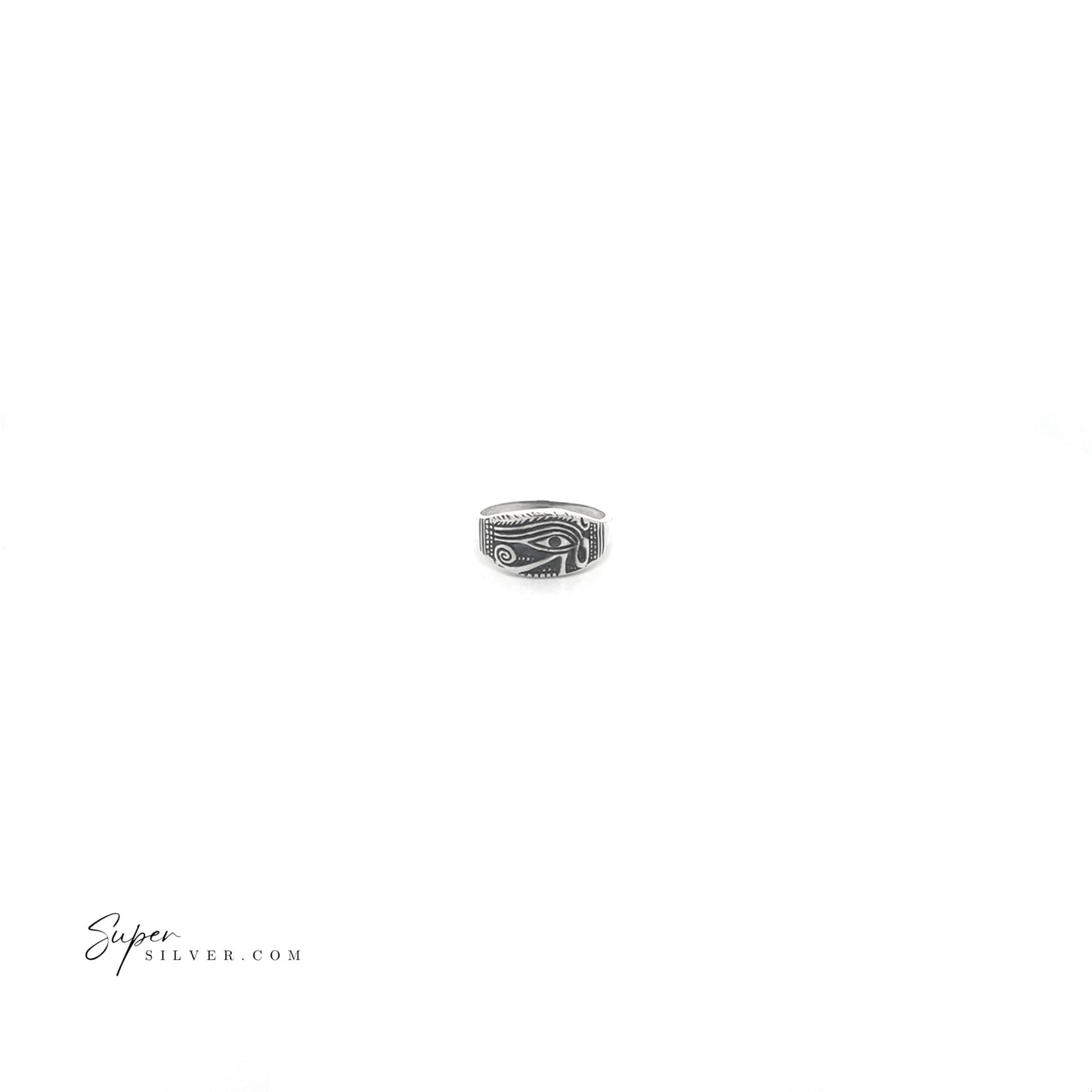 The Eye of Ra ring, featuring an engraved Eye of Horus design and an oxidized finish, is displayed against a white background, highlighting its sterling silver band.