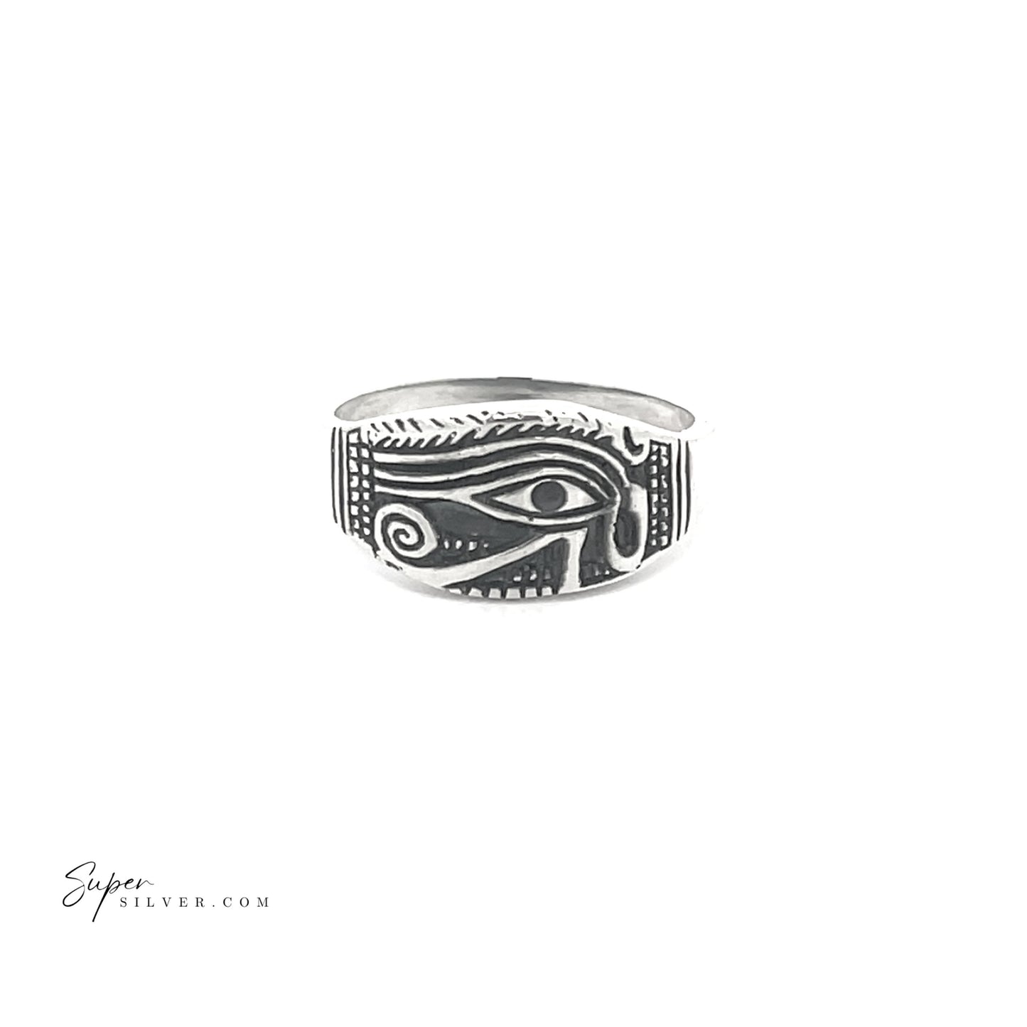 
                  
                    Eye of Ra Ring: A sterling silver band with an oxidized finish, showcasing an engraved Eye of Ra design set against a white background.
                  
                