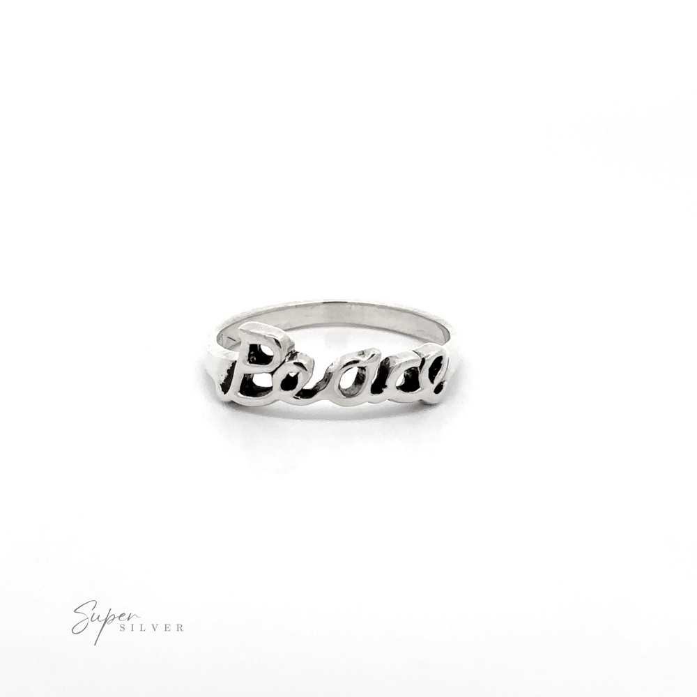 
                  
                    A sterling silver band with the word "peace" in cursive.
                  
                