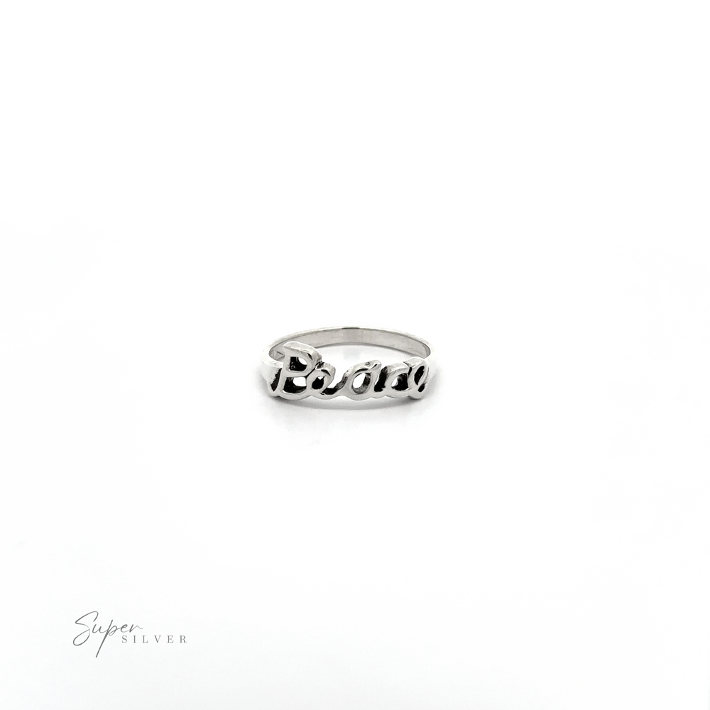 
                  
                    A silver band with the cursive word 'Peace' engraved on it.
                  
                