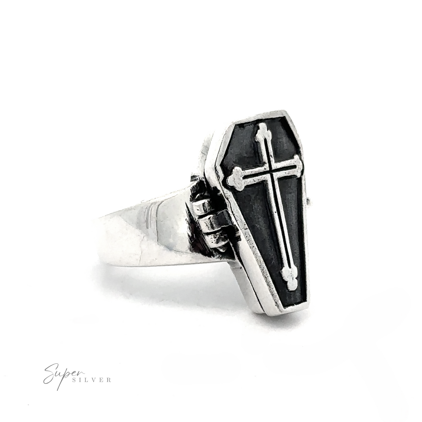 
                  
                    The Poison Coffin Ring with Cross, crafted from .925 sterling silver, showcases a coffin-shaped design with a cross on its face, exuding gothic elegance. Displayed on a white background, this piece is reminiscent of a Gothic Coffin Poison Ring.
                  
                