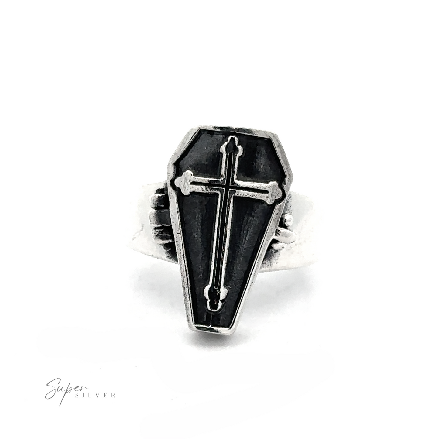 
                  
                    The Poison Coffin Ring with Cross is a .925 Sterling Silver ring that exudes gothic elegance with its coffin-shaped face. It prominently features a cross at the center, set against a white background, while the words "Super Silver" are visible in the lower left corner.
                  
                