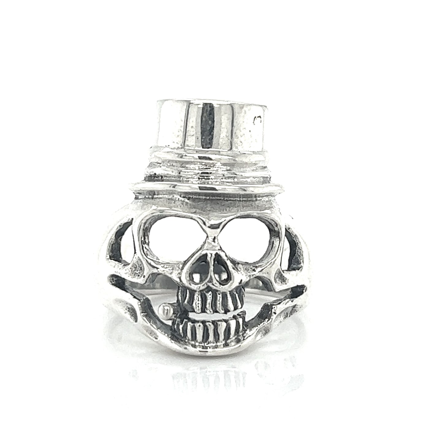 
                  
                    An edgy fashion statement featuring a Skull Ring with Top Hat on a white background.
                  
                