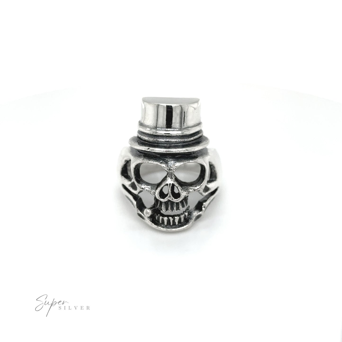 
                  
                    An edgy fashion accessory - a Skull Ring with Top Hat - showcased on a white background.
                  
                