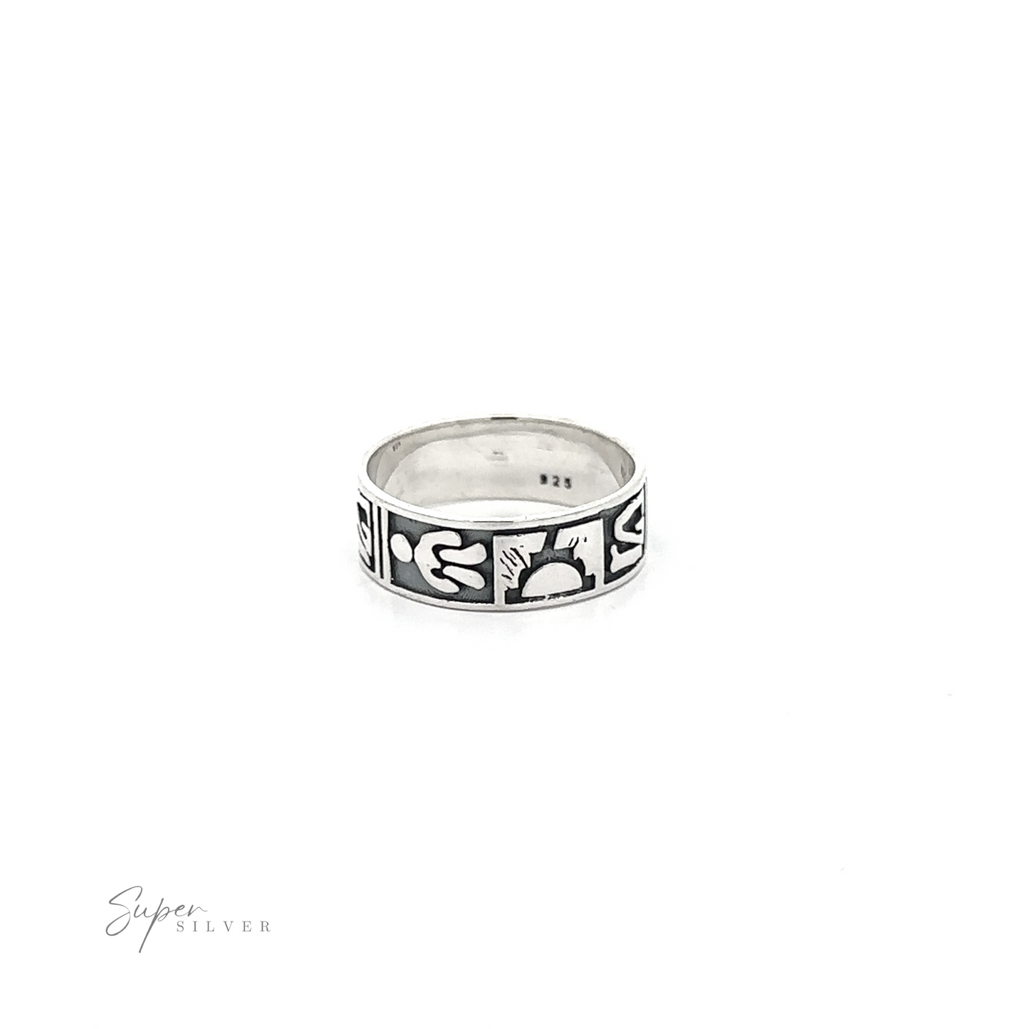 
                  
                    Petroglyph Silver Band with black tribal pattern design on a white background.
                  
                