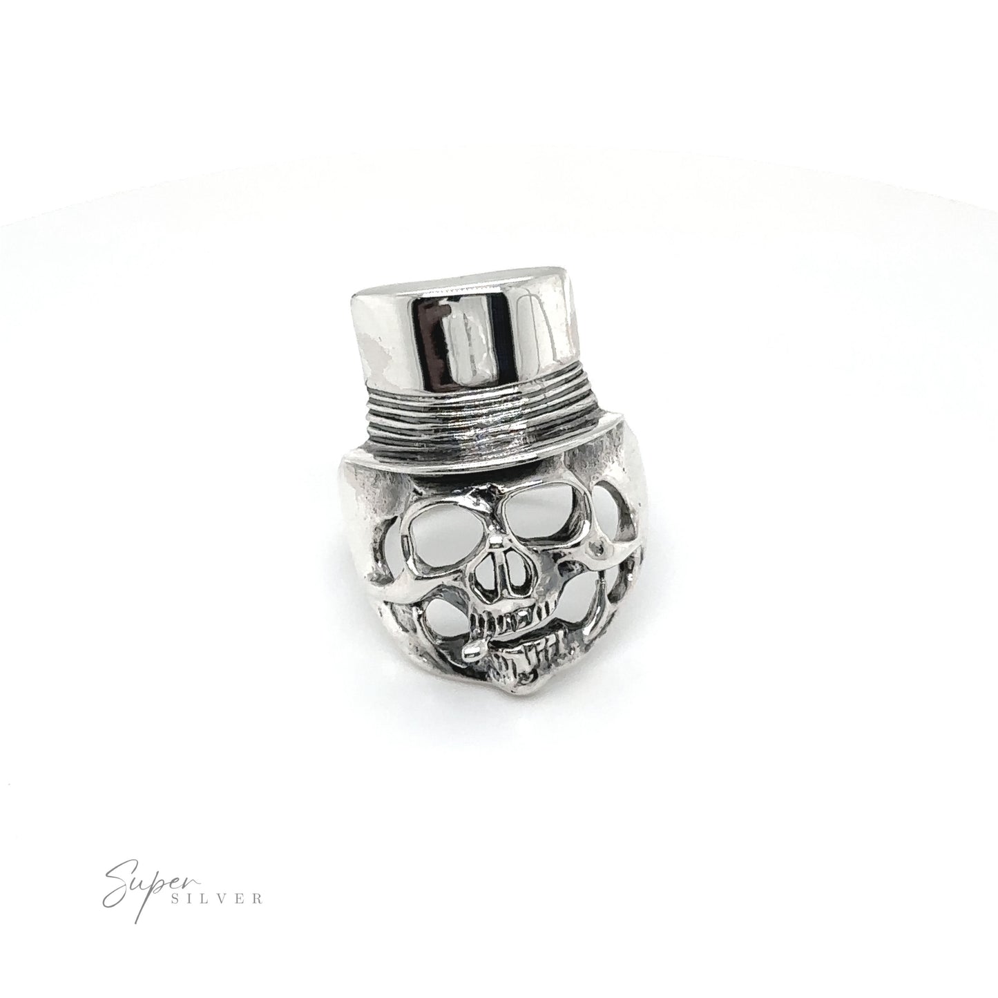 
                  
                    An edgy fashion statement, the Skull Ring with Top Hat features a sleek silver design.
                  
                