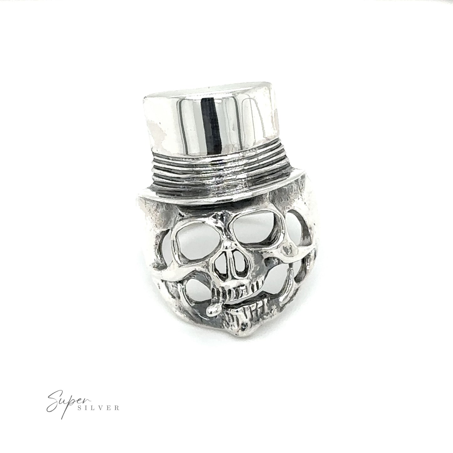
                  
                    An edgy fashion statement, the silver Skull Ring with Top Hat stands boldly on a crisp white background.
                  
                