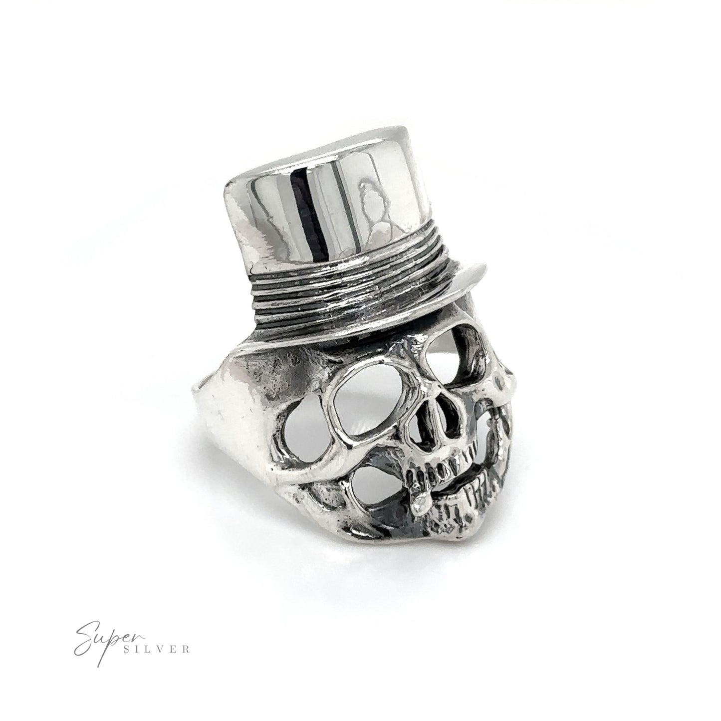 
                  
                    An edgy fashion statement, featuring a Skull Ring with Top Hat motif on a sleek silver band.
                  
                