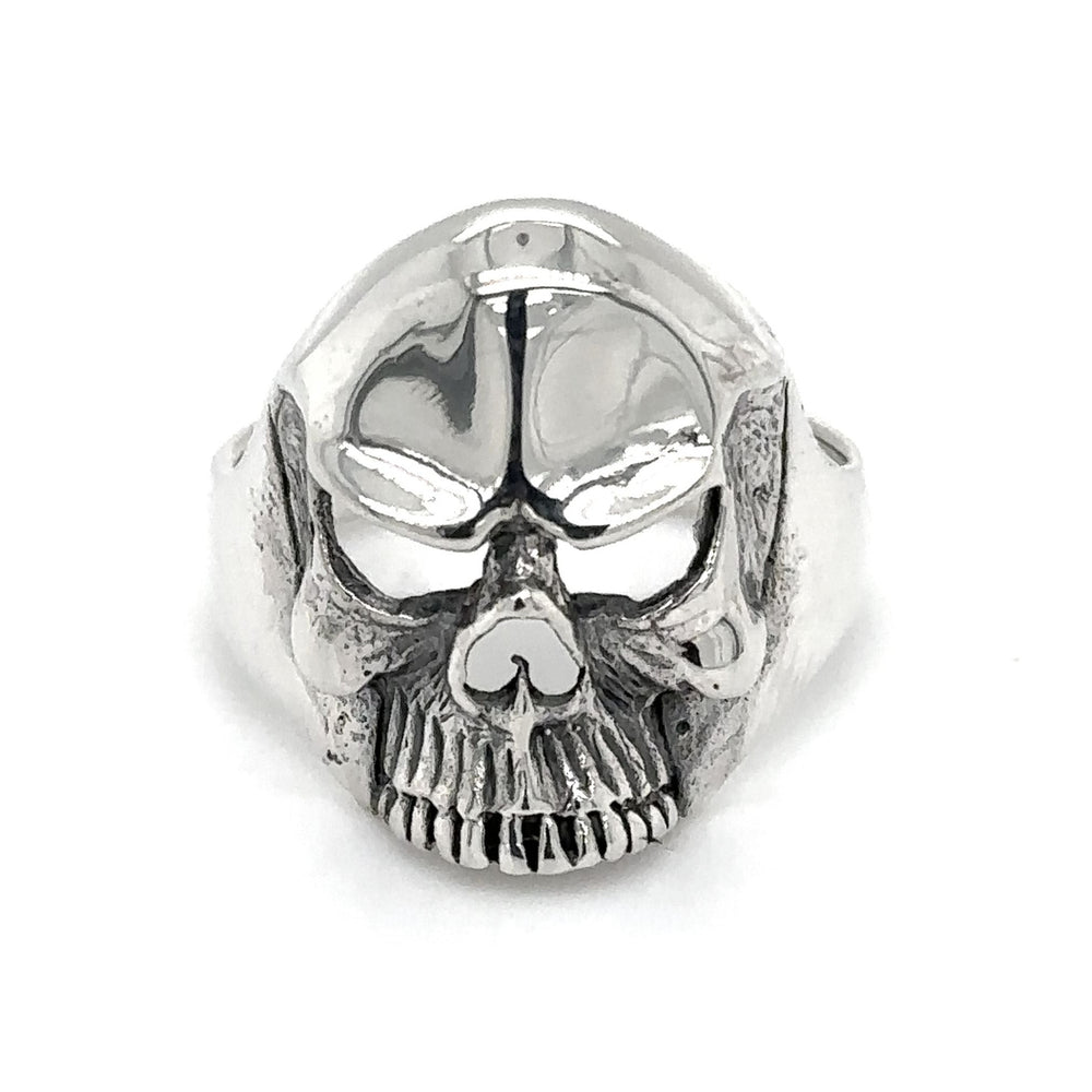 An angry Heavy Upper Skull Ring with a fearless spirit on a white background.
