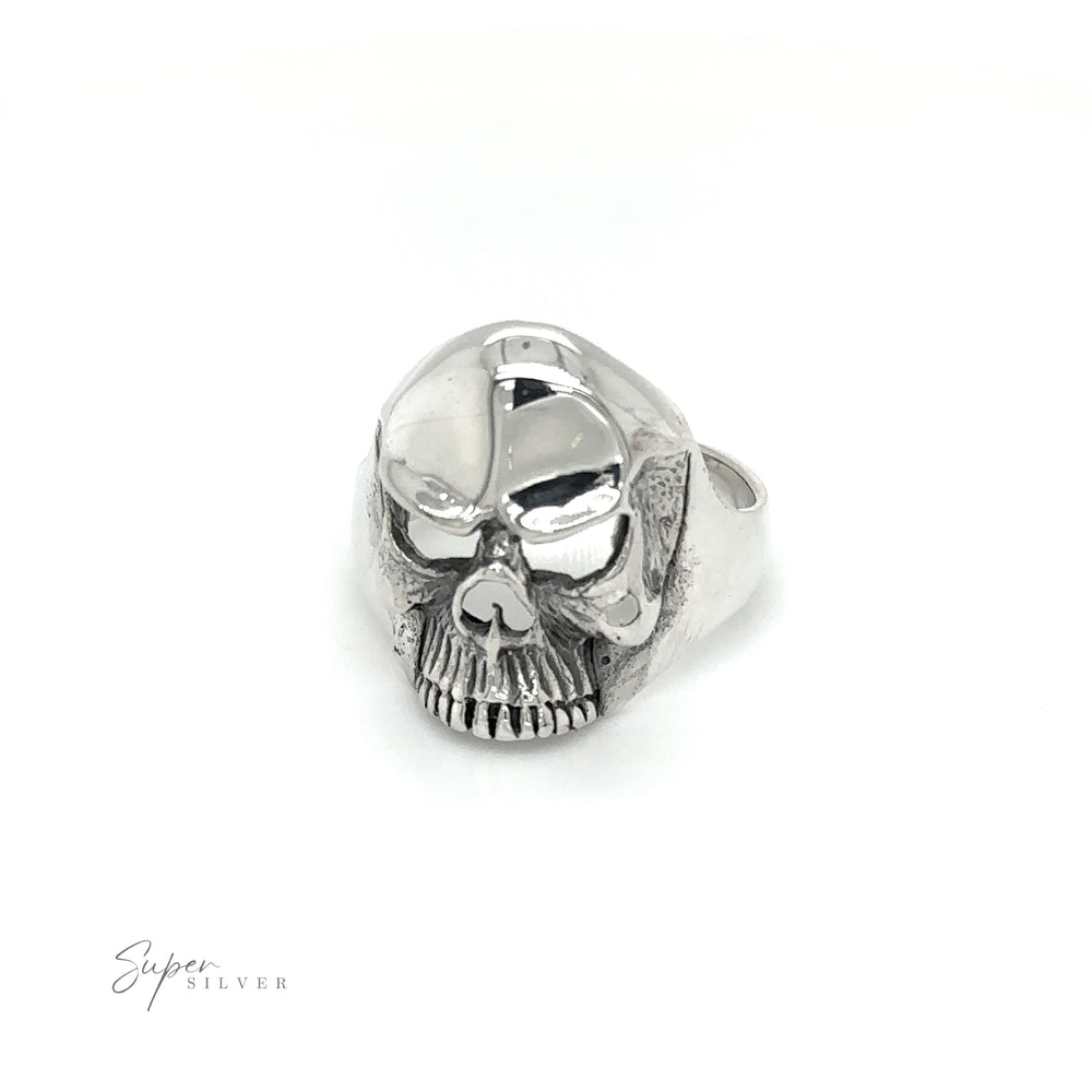 An angry Heavy Upper Skull Ring, embodying a fearless spirit, set against a white background.